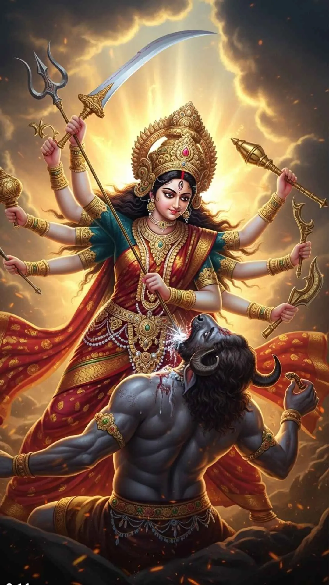A powerful DP of Maa Durga as Mahishasuramardini, victoriously slaying the demon Mahishasura. A symbol of good over evil. #Mahishasuramardini #DurgaPuja #VictoryOfGood #WarriorGoddess #Fierce