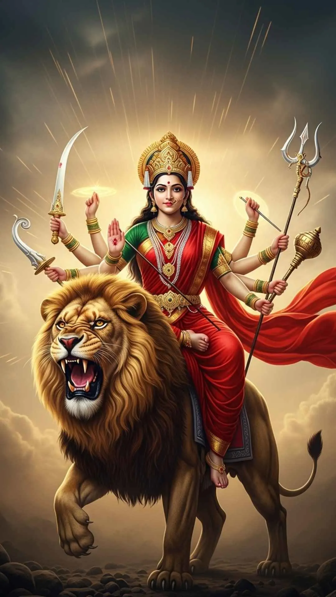 A majestic DP of Maa Durga riding her powerful lion, armed and ready to protect, a symbol of courage and strength. #DurgaOnLion #GoddessOfPower #Shakti #MajesticDP #Courage