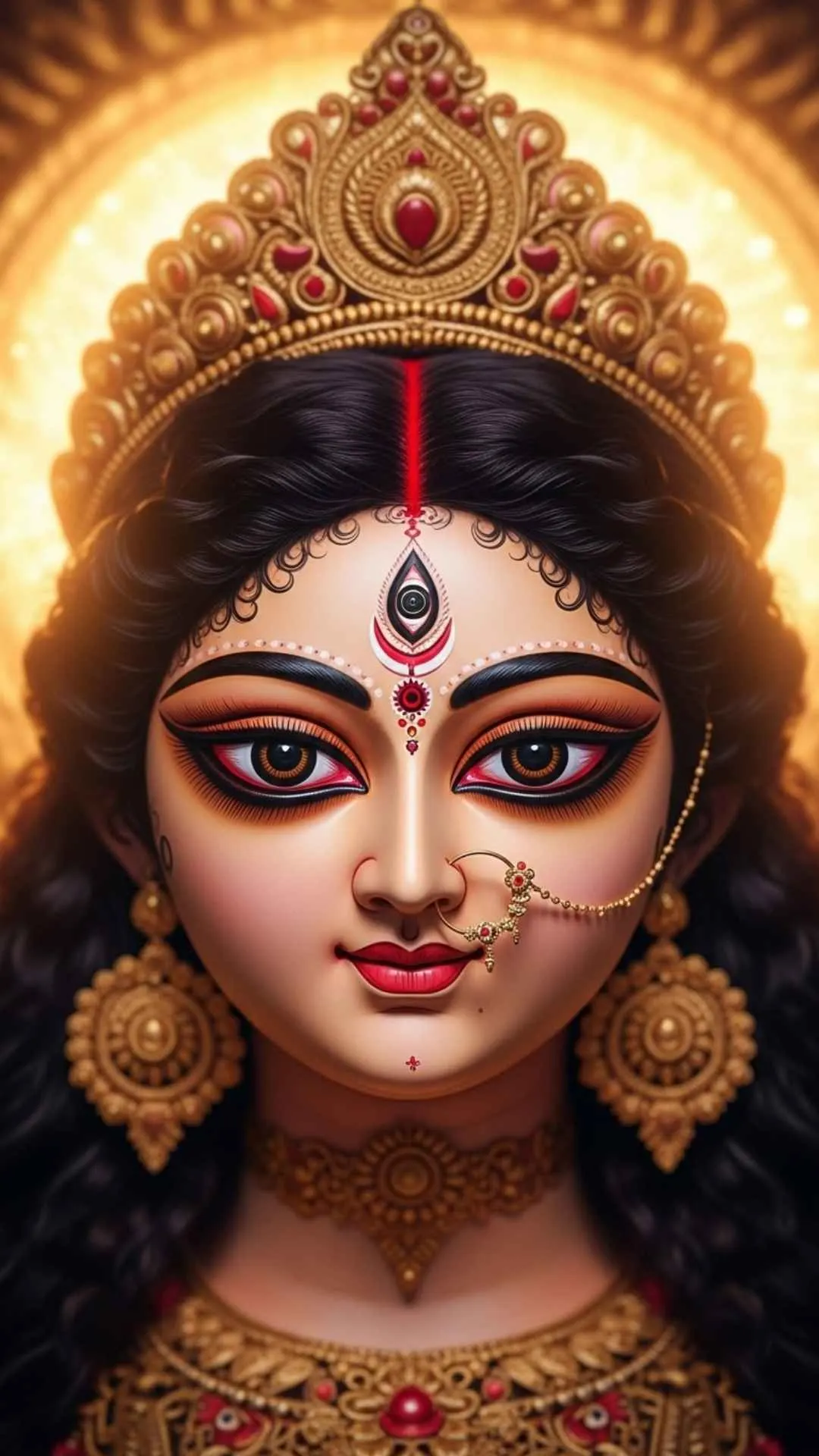A serene DP of Maa Durga's compassionate face, radiating a warm, protective motherly glow. A symbol of peace and strength. #MaaDurga #DivineMother #SereneDP #Protector #Shakti