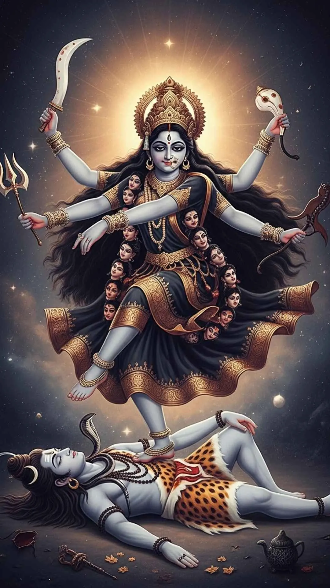 A symbolic DP of Maa Kali dancing on a calm Lord Shiva, representing the supremacy of primal cosmic energy (Shakti). #KaliOnShiva #Shakti #CosmicEnergy #DivineDance #SymbolicArt