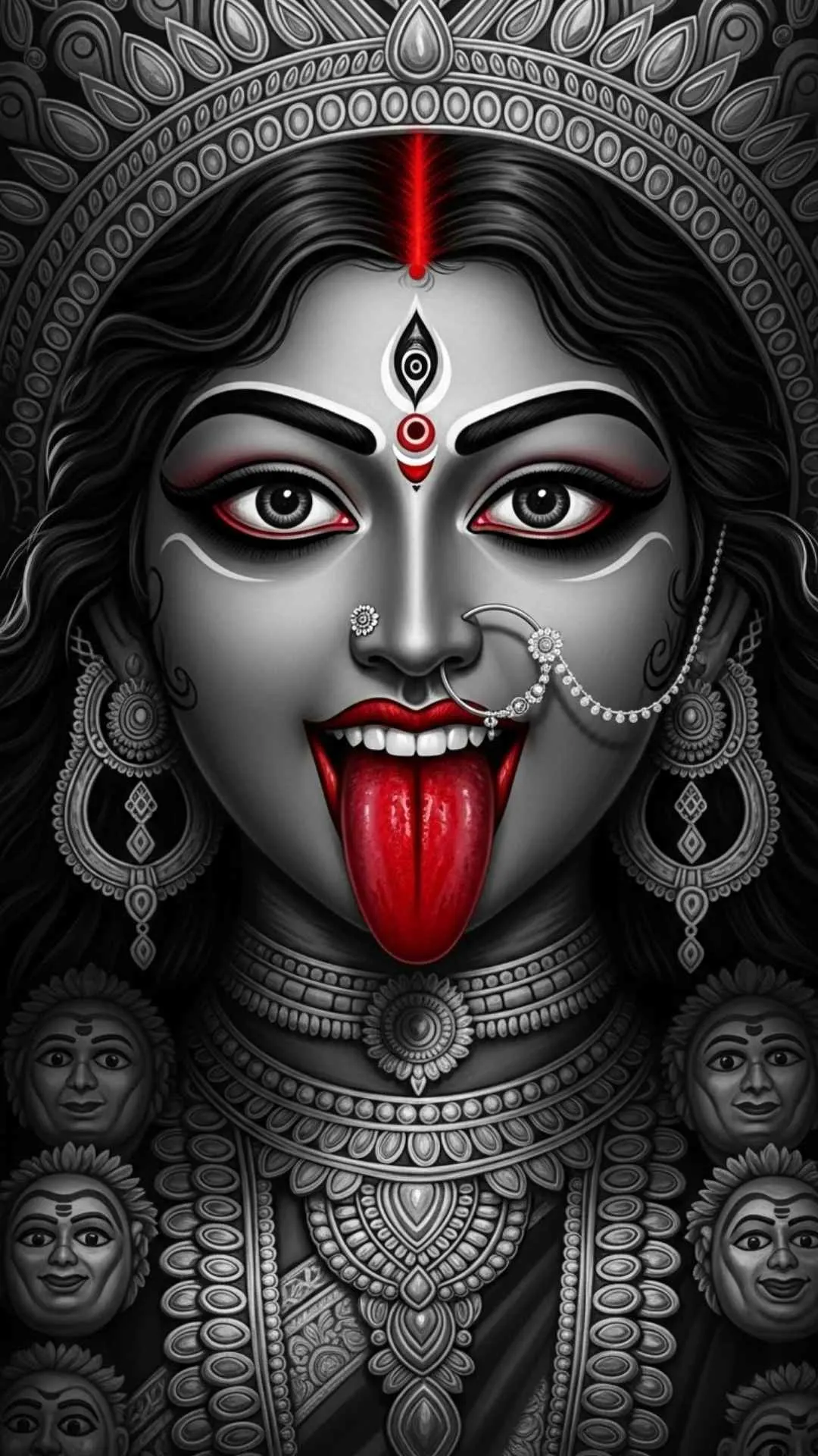 An artistic monochrome DP of Maa Kali, with only her red tongue in color, creating a dramatic and fierce image. #MonochromeKali #FierceArt #GoddessDP #HighContrast #Artistic