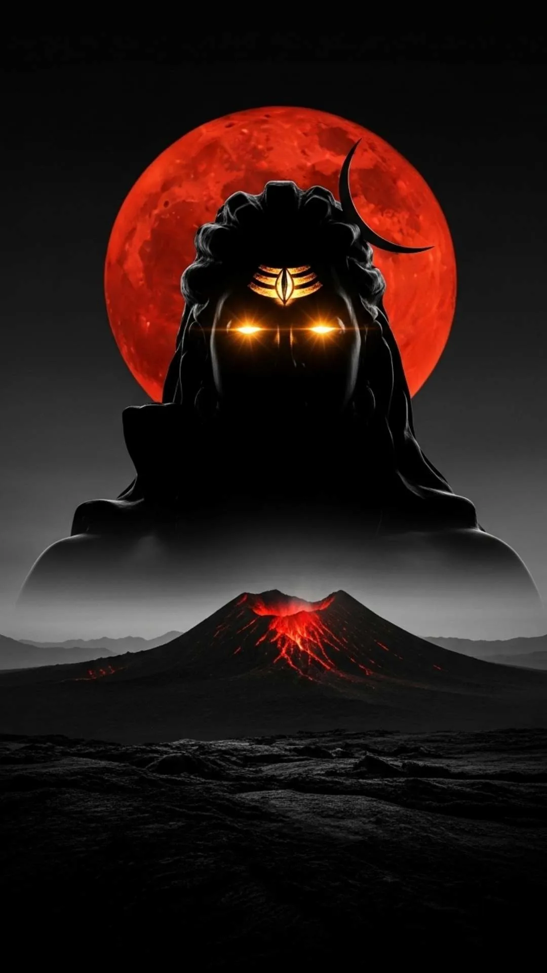 A modern silhouette DP of Mahakal with three glowing red eyes against a blood moon, a fierce and artistic representation. #MahakalSilhouette #AngryShivaArt #FierceDP #RedMoon #ShivaWallpaper