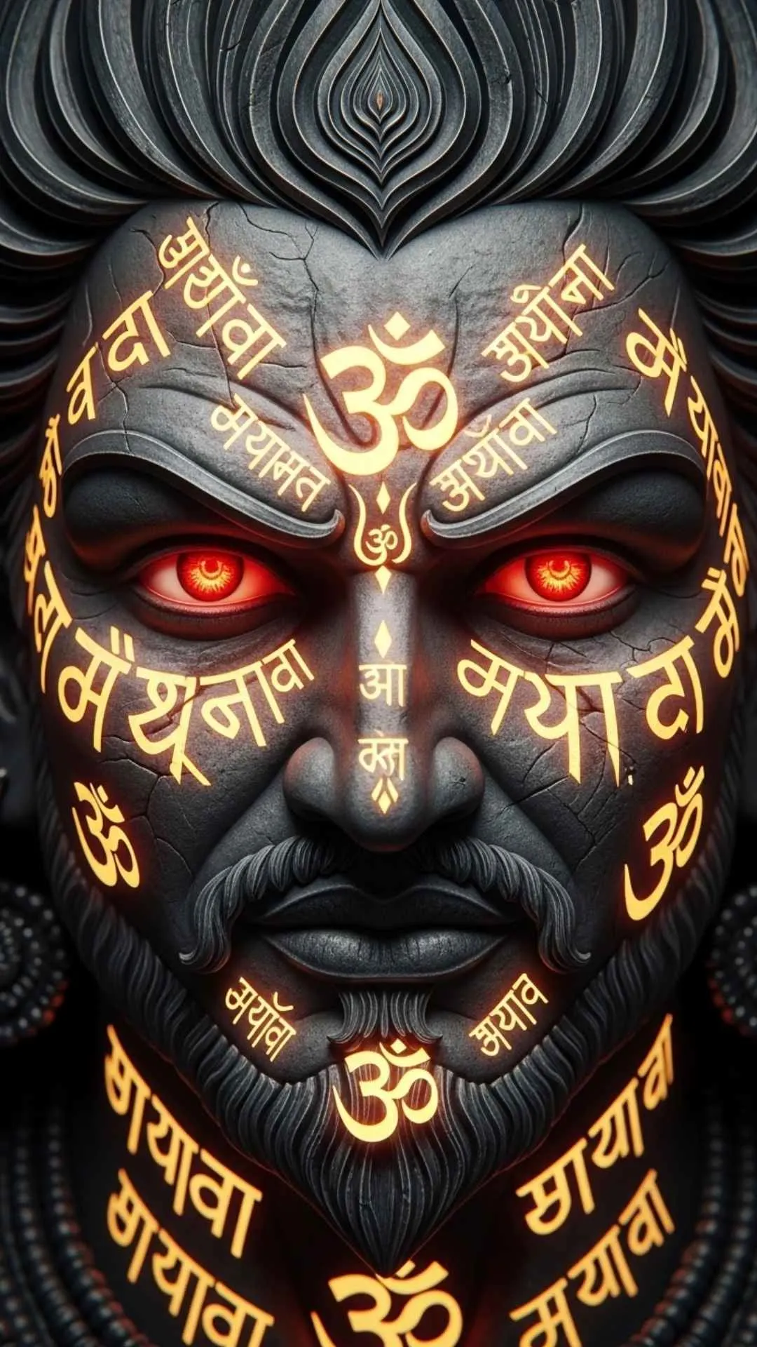 An artistic Mahakal DP with glowing Sanskrit mantra tattoos and fiery red eyes, representing absolute divine authority. #MahakalArt #SanskritTattoo #DivineAuthority #FierceGod #AncientPower
