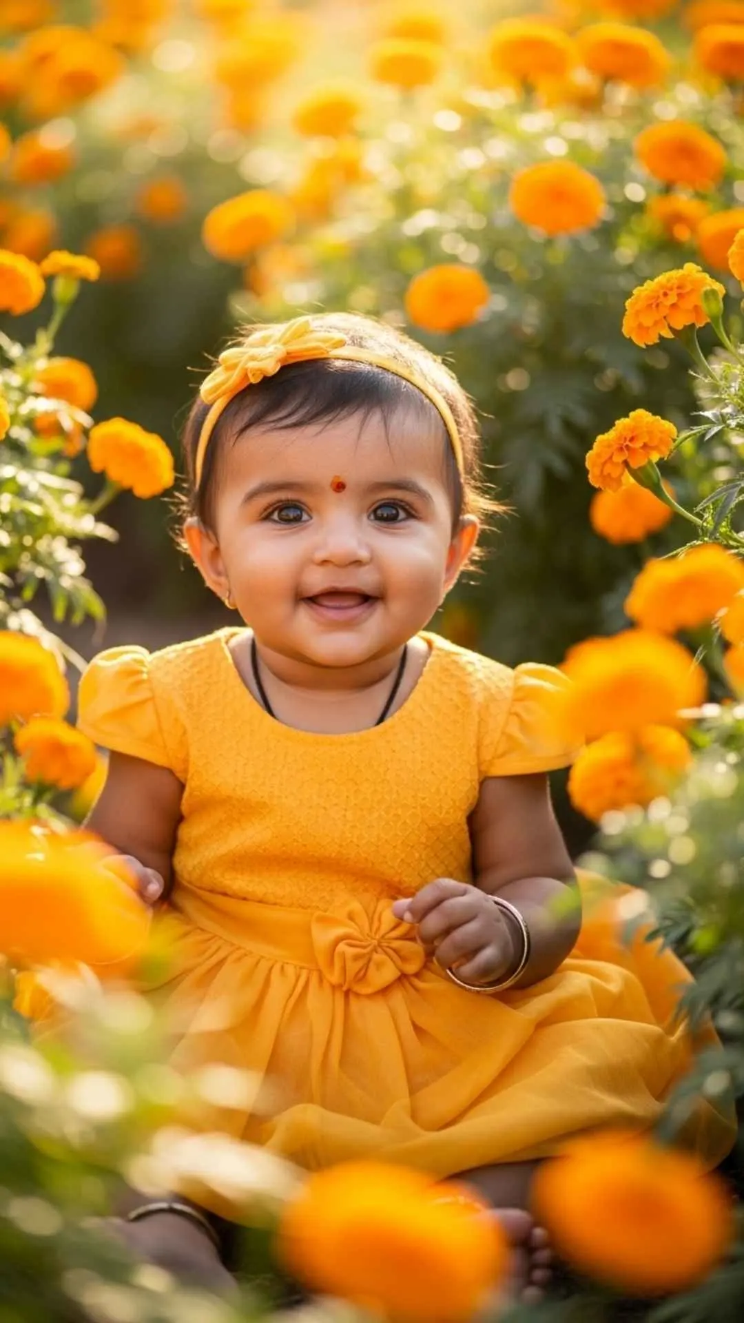 Cheerful garden princess baby pic with marigold flowers for WhatsApp DP