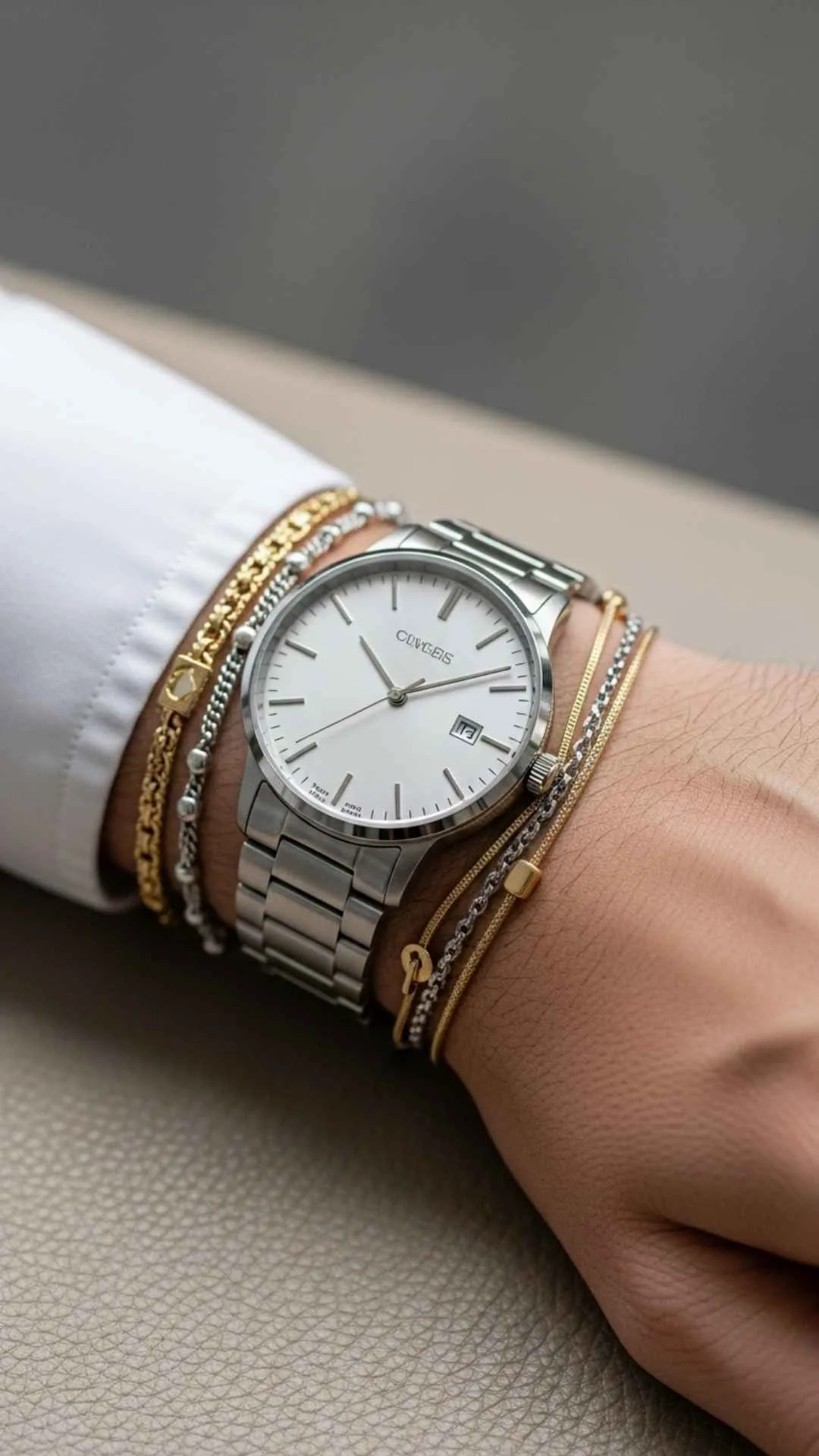 Close-up of a man's wrist with a stylish watch and bracelets, ideal for a refined and aesthetic Instagram DP for boys.
