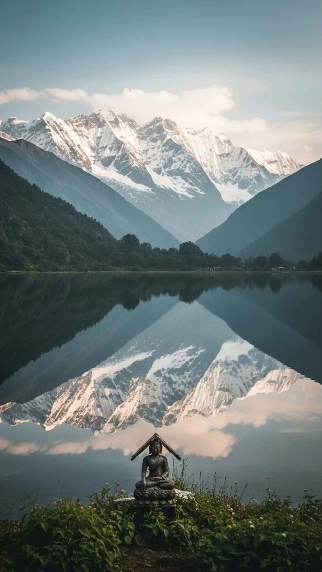 Meditative Landscape DP, serene lake and mountain scene with a subtle religious element, promoting peace and spiritual connection.