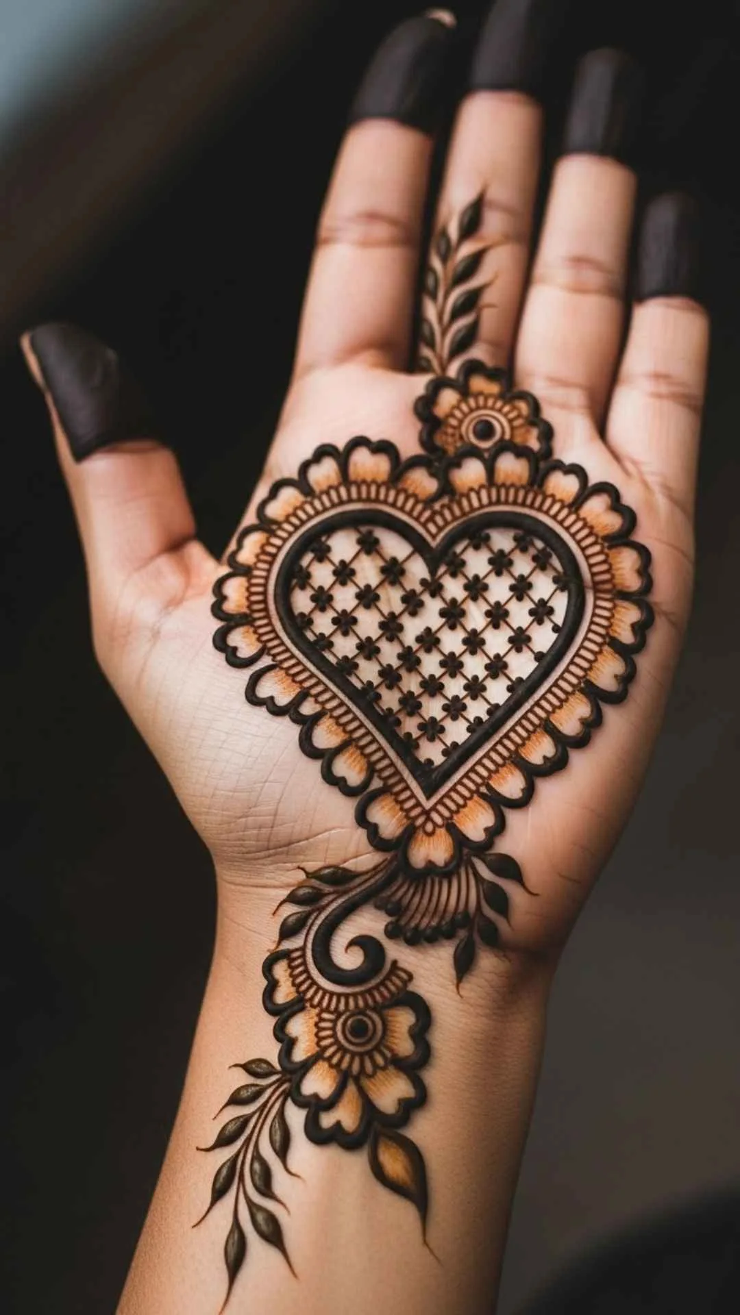 Intricate Mehndi heart design on hand, delicate flowers, vibrant love art, healing patterns, traditional beauty