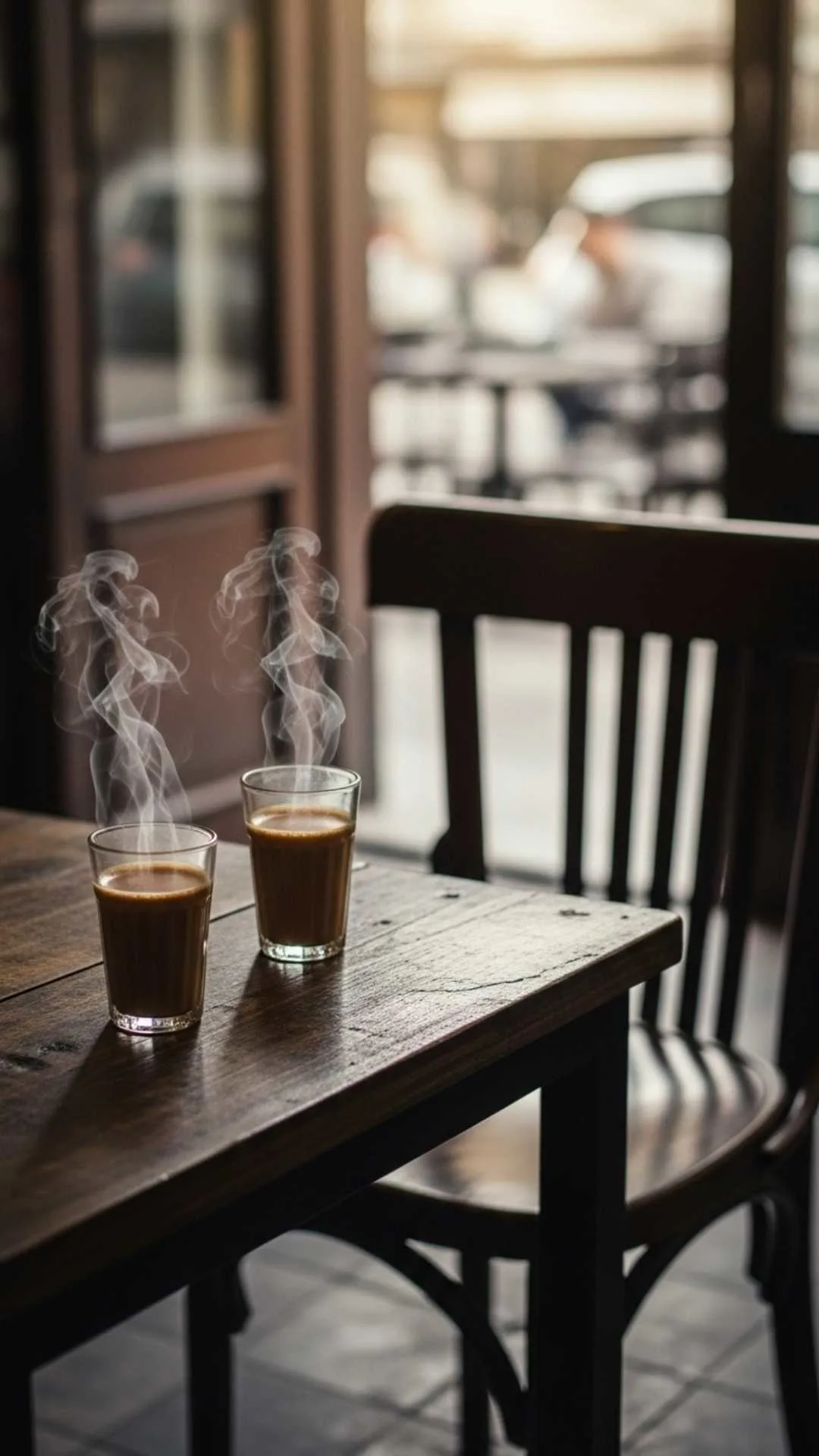Two cups of chai with one empty chair, a beautiful missing you DP for WhatsApp.