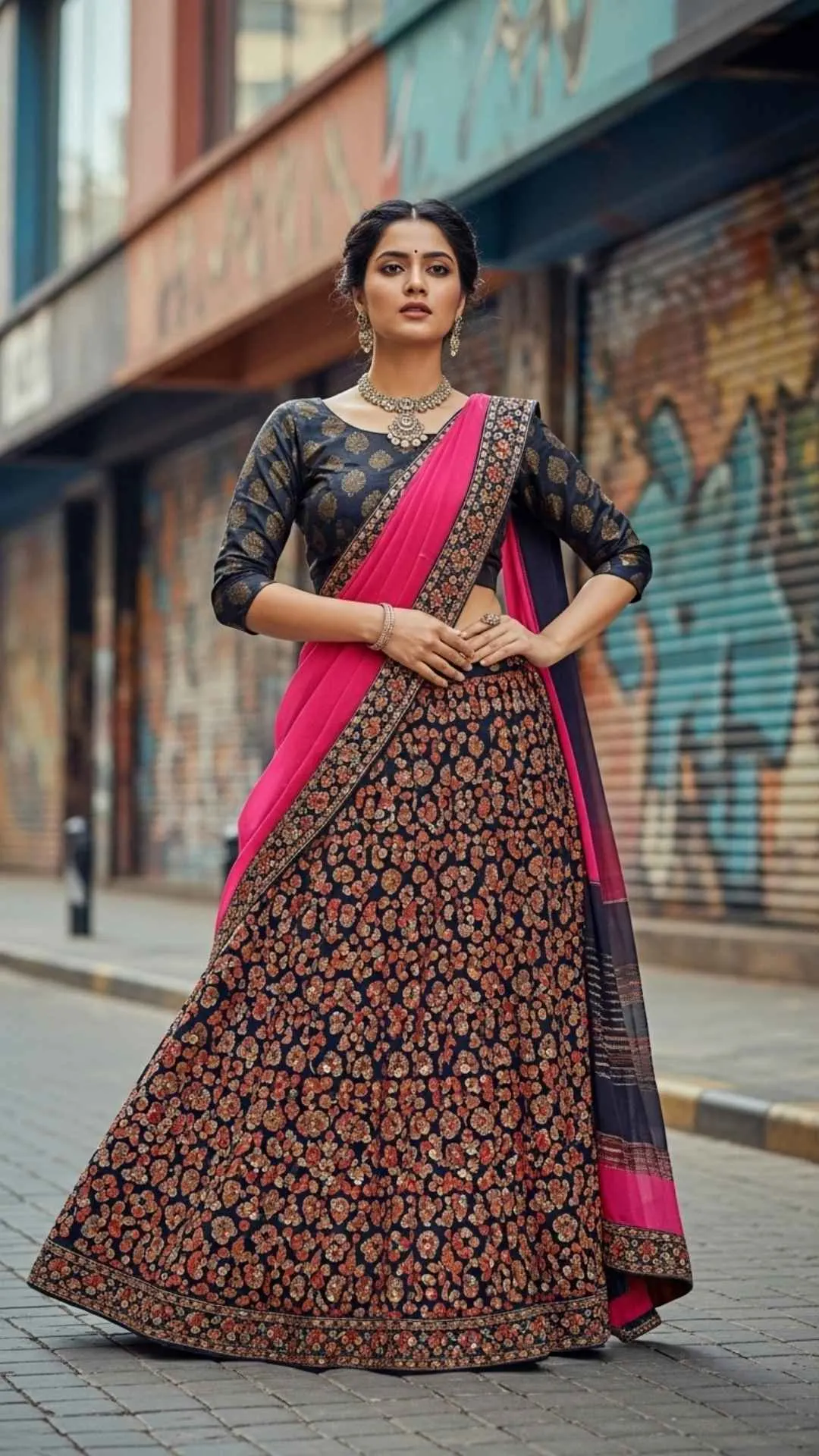 Stylish Indian girl Instagram DP, modern traditional outfit, contemporary saree lehenga profile picture, fashion-forward Indian girl.