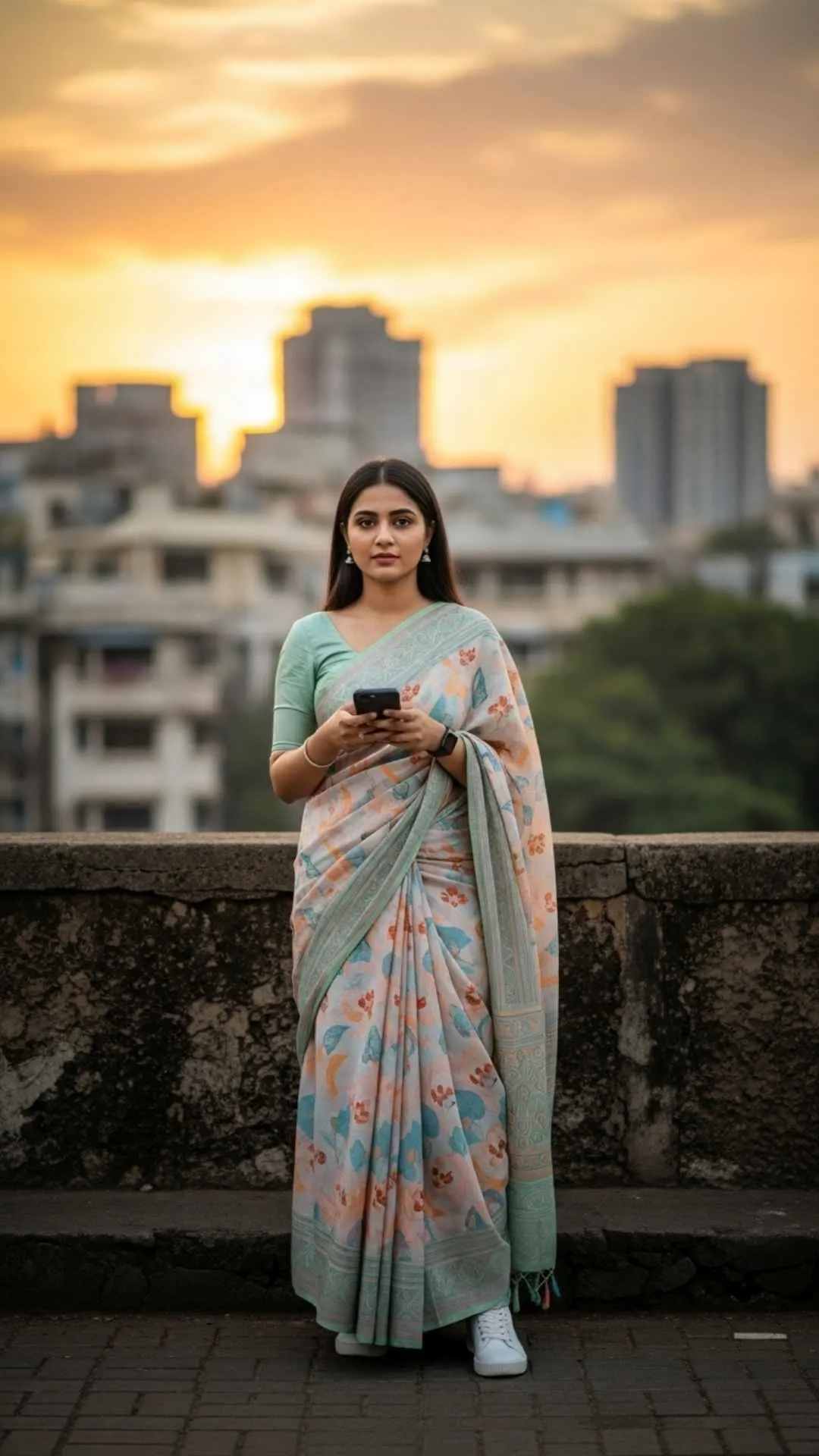 Stylish young Indian woman in a modern saree against a vibrant Mumbai cityscape, perfect fashionable Instagram DP for girls and urban Indian profile pic.