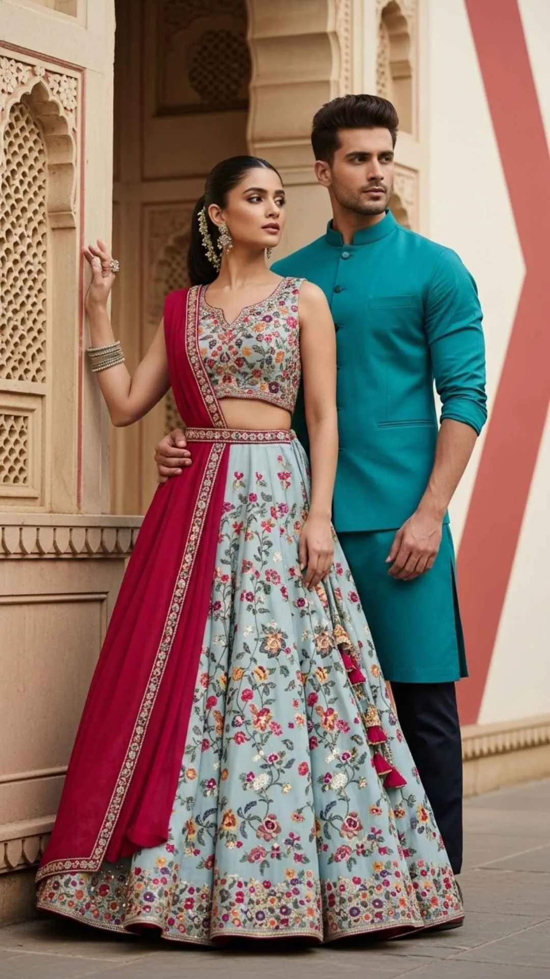 Stylish traditional Indian couple DP for Instagram, modern ethnic wear profile picture, fusion fashion couple, contemporary Indian love.