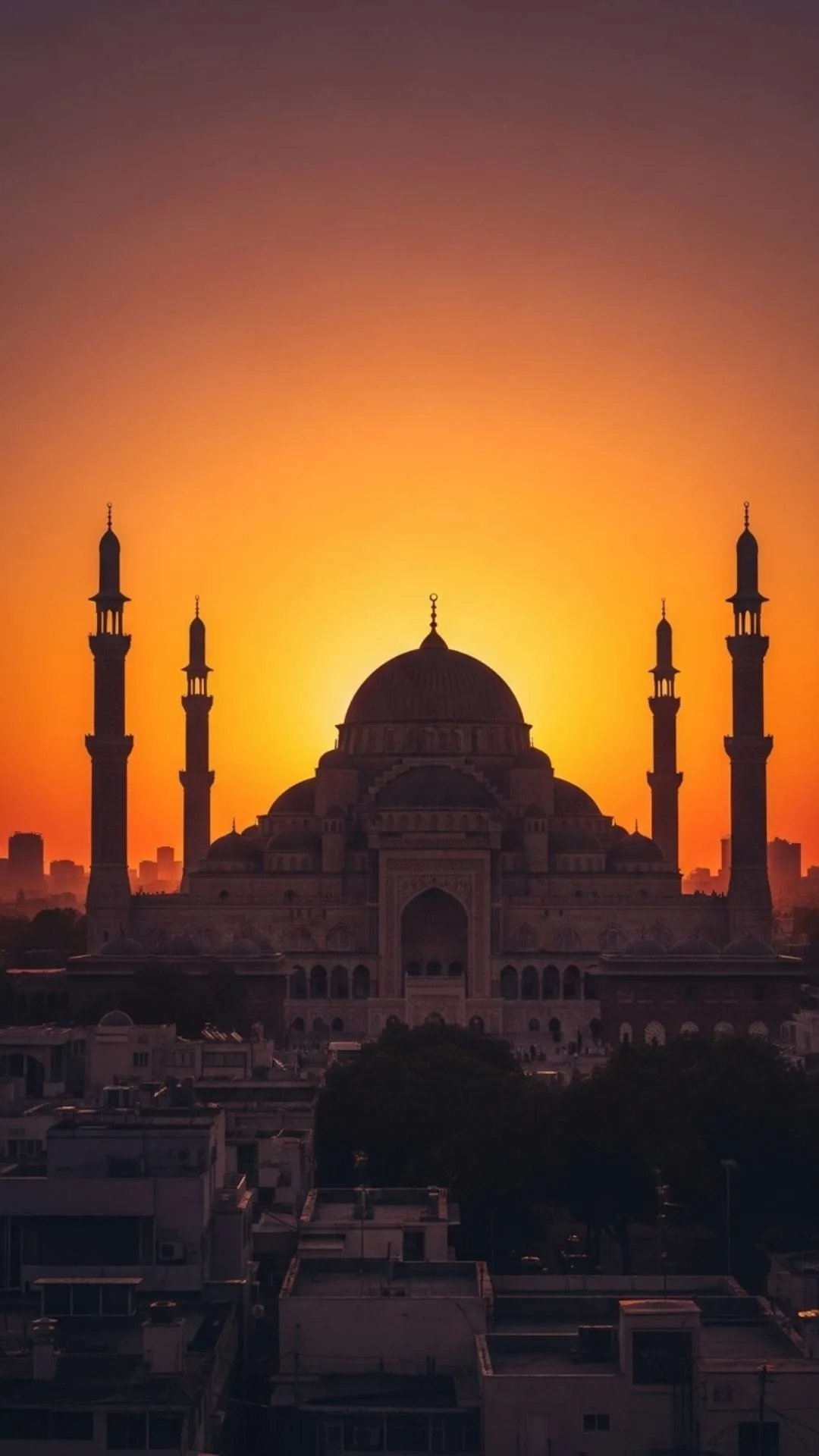 Mosque Silhouette DP, tranquil mosque silhouette against a vibrant sunset sky, peaceful Islamic profile picture.