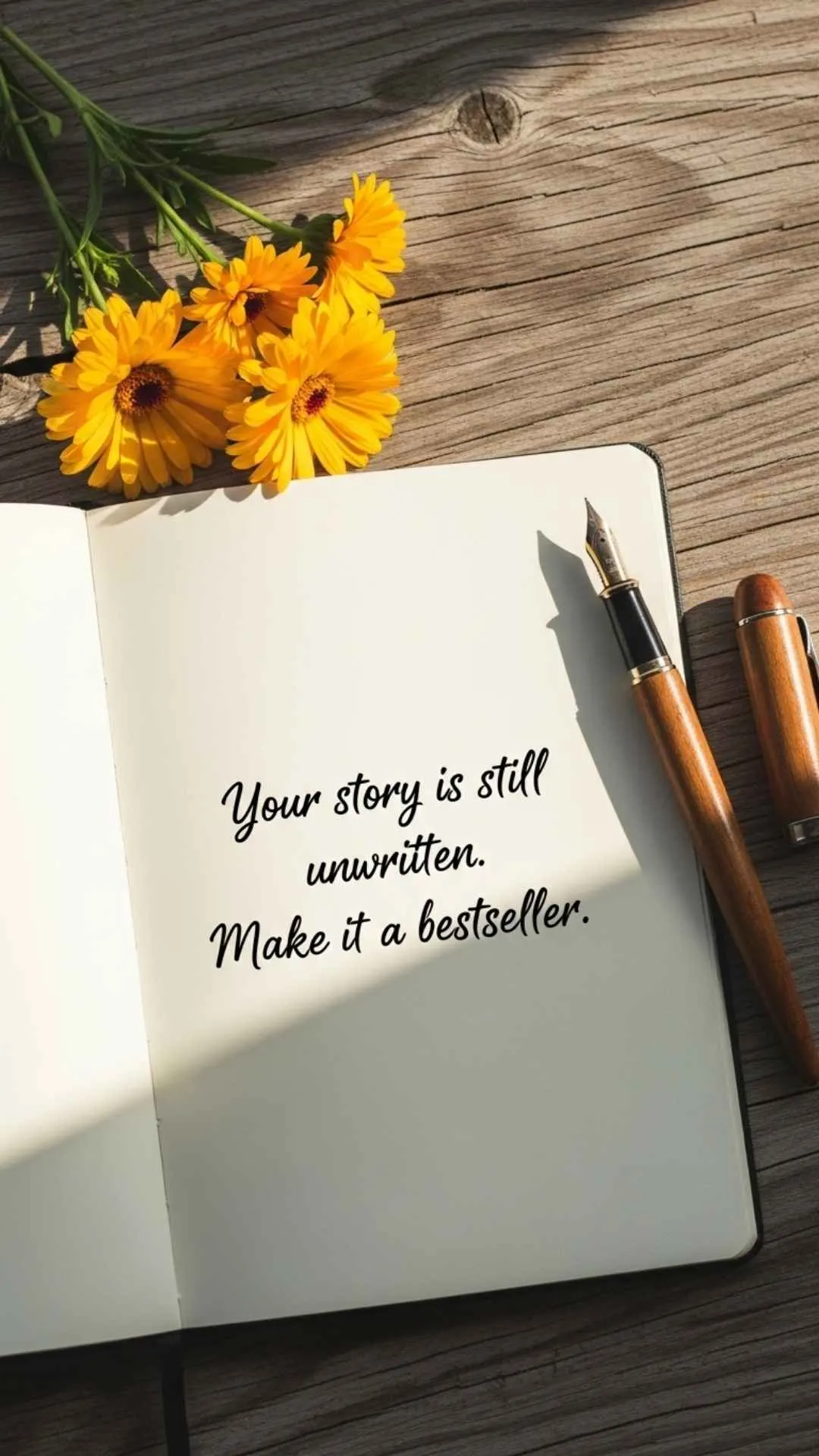 Creative motivational DP with a quote about writing your own story on a blank notebook. This image for success and self-belief is perfect for an Instagram profile picture.