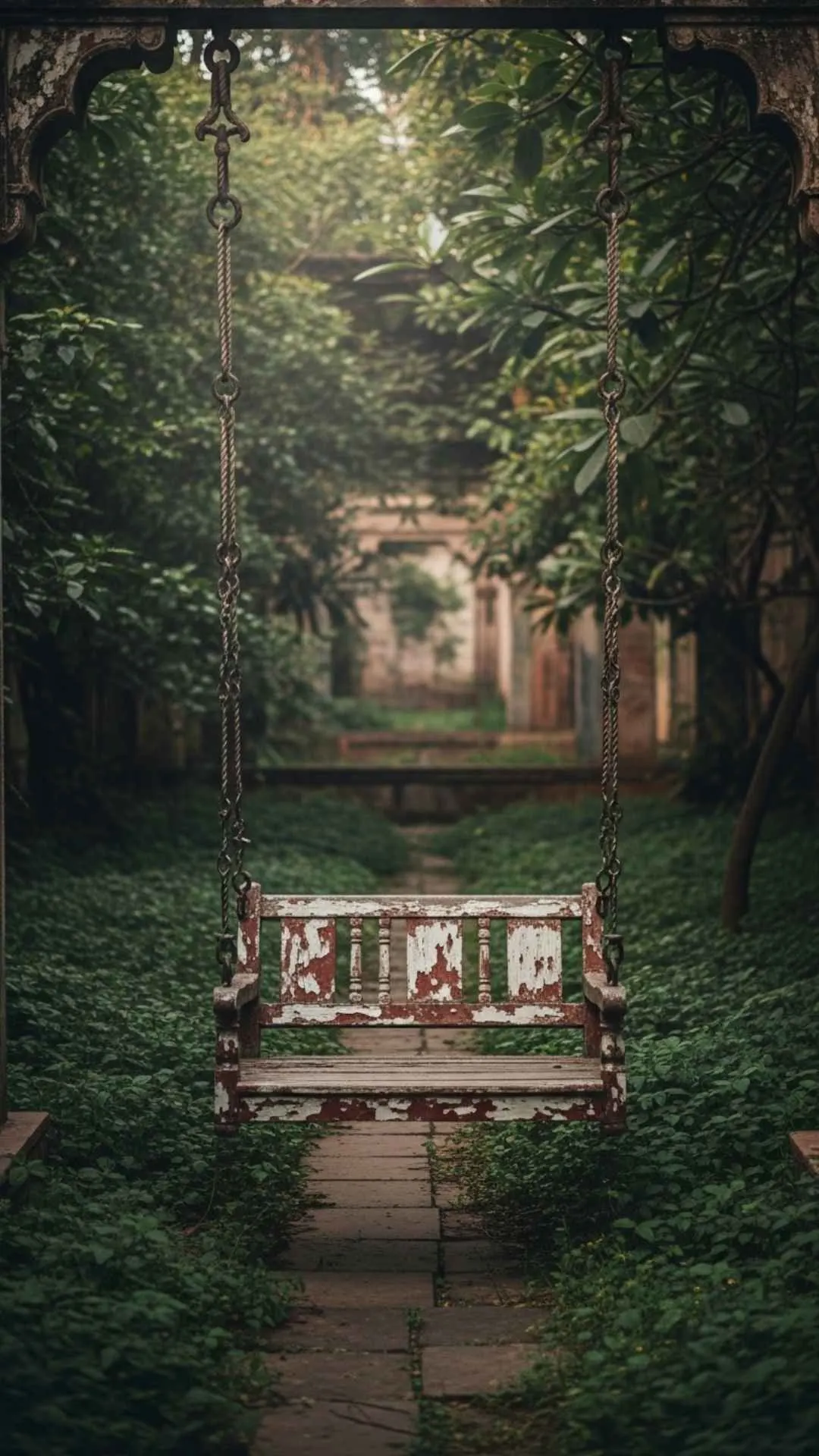 Old swing DP, unused garden, nostalgic sadness, lost joy, lonely reflection, forgotten memories.