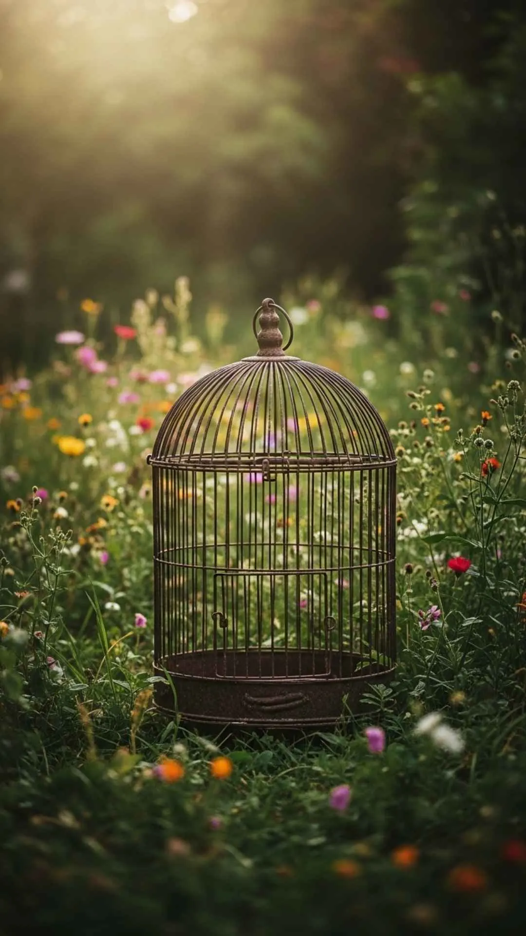 Empty birdcage with open door, symbolizing freedom and release.