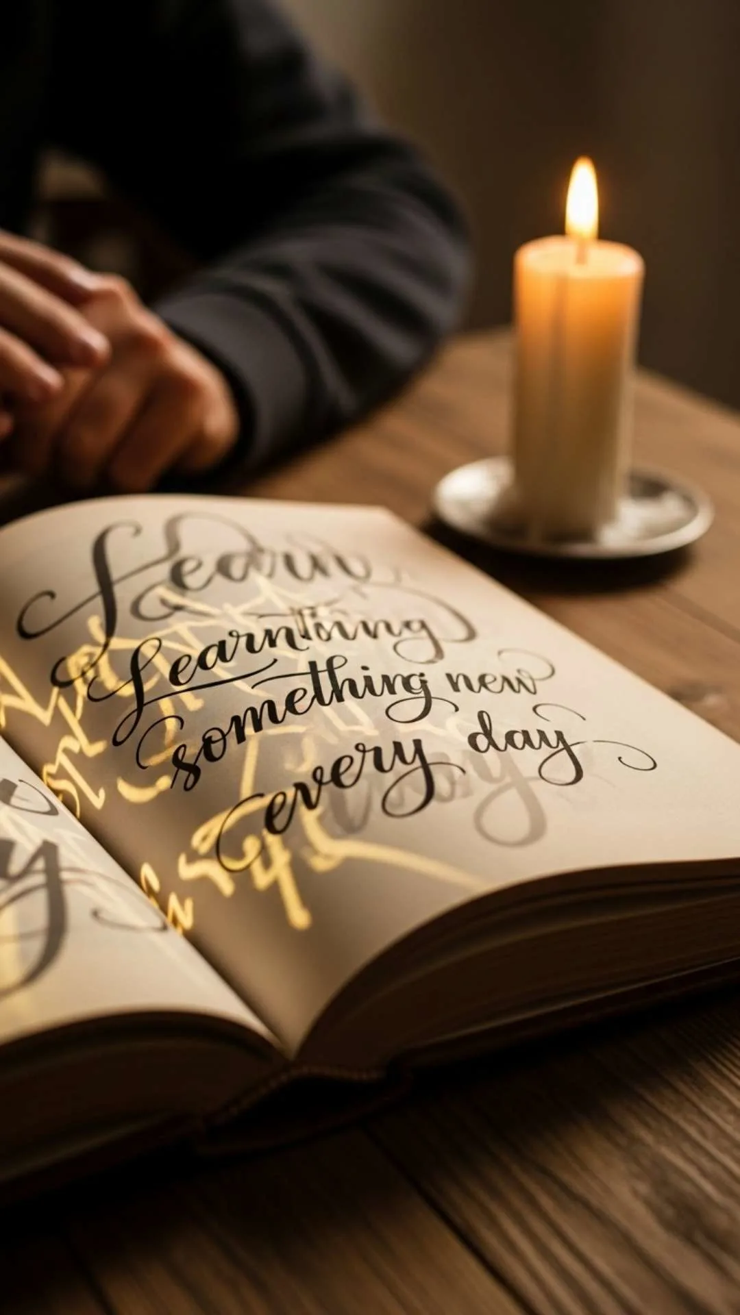 An open book bathed in a soft, warm light, symbolizing knowledge and learning, with the quote "Learn something new every day" on the pages.