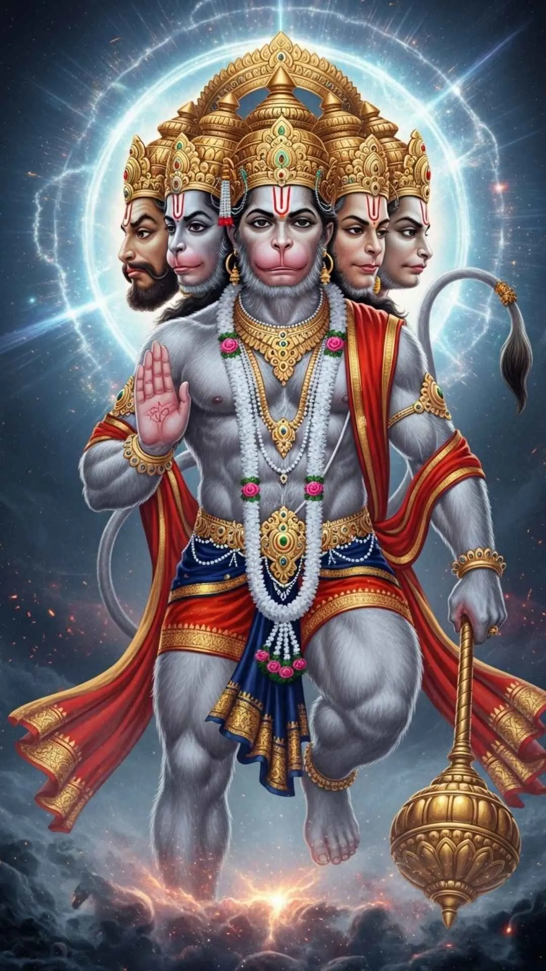 A divine DP of the all-powerful five-faced Panchmukhi Hanuman, the cosmic guardian who protects from all directions and dangers. #PanchmukhiHanuman #CosmicGuardian #AllPowerful #Protection #Hanumanji