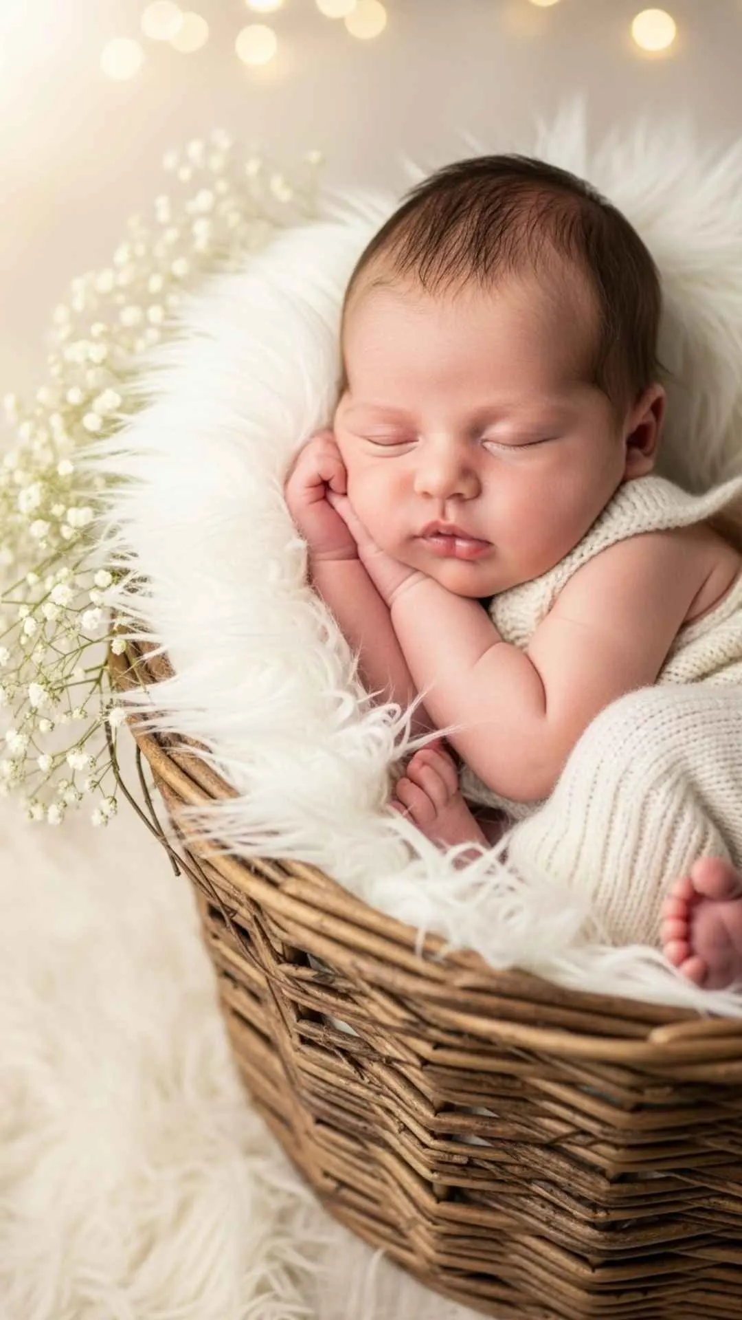 A beautiful shot of a baby girl sleeping soundly in a cozy, decorated basket, a truly artistic profile picture