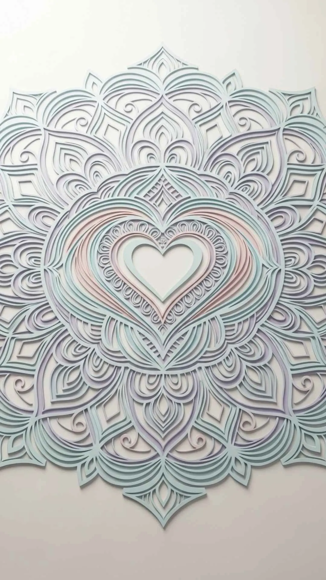 Intricate mandala pattern with central heart motif, soft pastel colors, peaceful harmony, healing design