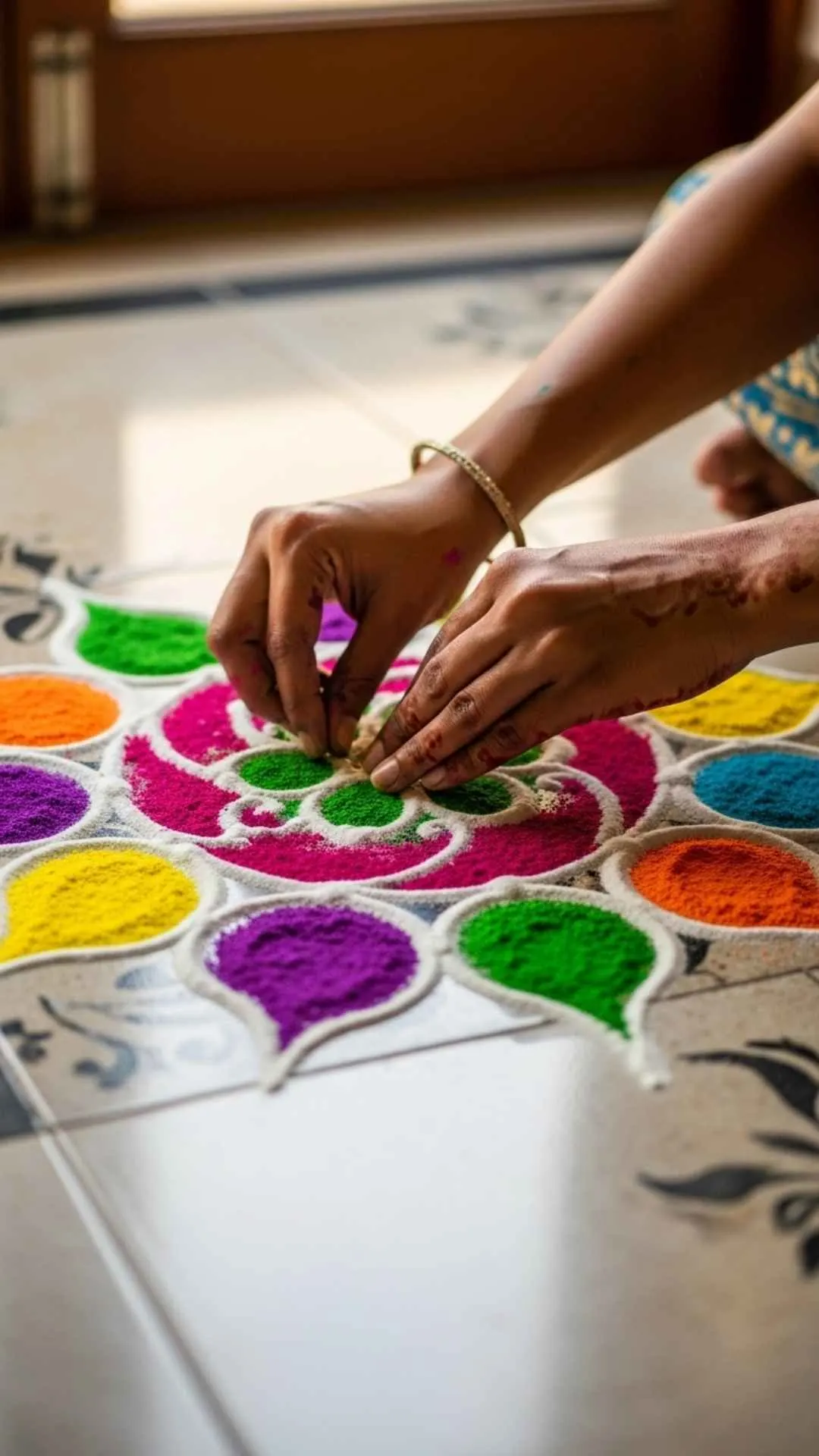 A positive and festive DP showing the creation of a colorful Indian Rangoli. This image represents creativity, happiness, and cultural joy
