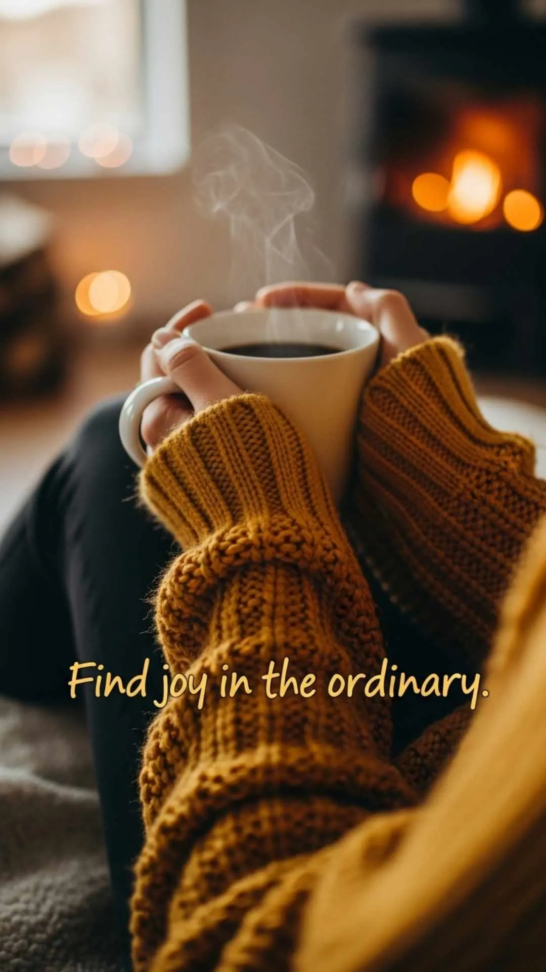 Positive mindset DP with a quote about finding joy in the ordinary. This cozy, healing image of hands holding a coffee mug is perfect for a feel-good WhatsApp status.