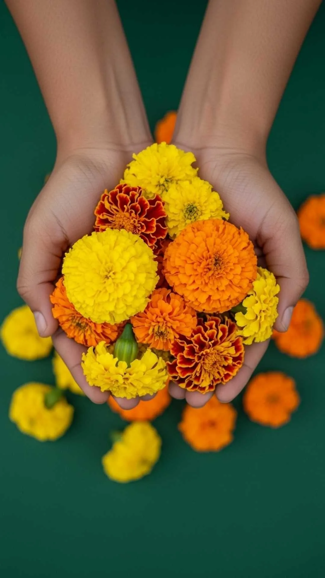 A joyful and positive vibes DP showing hands holding Indian marigold flowers. A happy, healing, and culturally rich image perfect for a festive WhatsApp status.