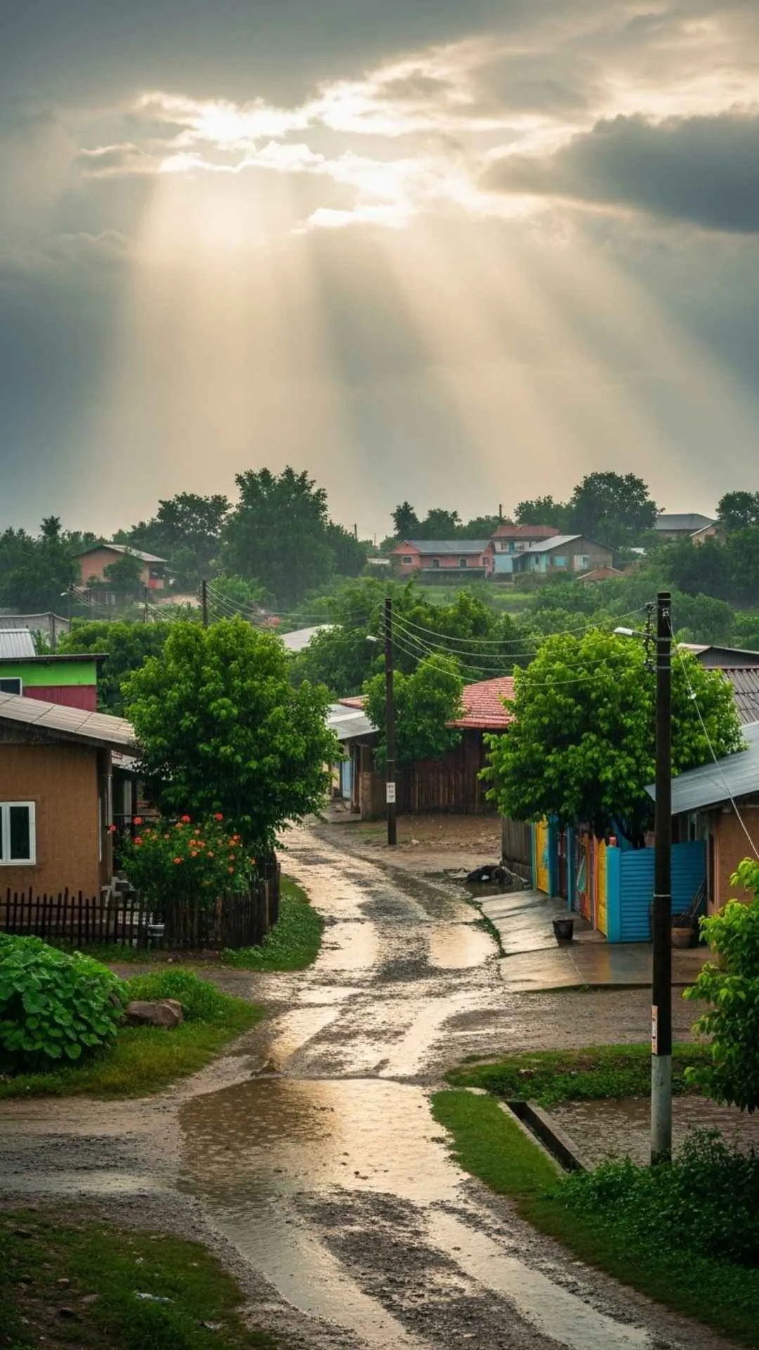Post-rain landscape with sunlight breaking through, symbolizing peace after turmoil.