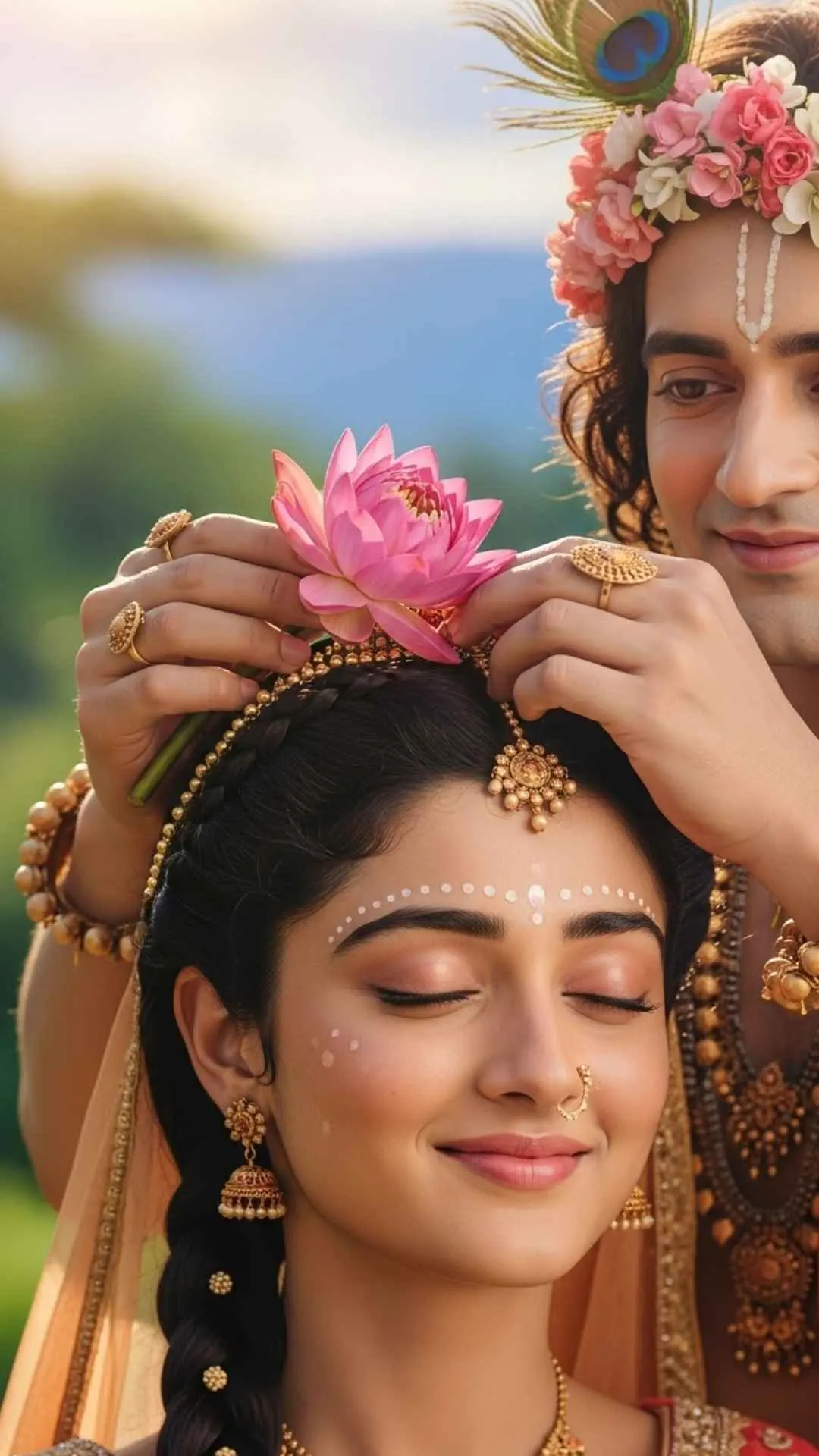 A tender and romantic DP of Krishna adorning Radha's hair with a flower, a simple gesture of profound love and devotion. #RadhaKrishnaLove #TenderMoment #RomanticGesture #DivineCouple #Affection