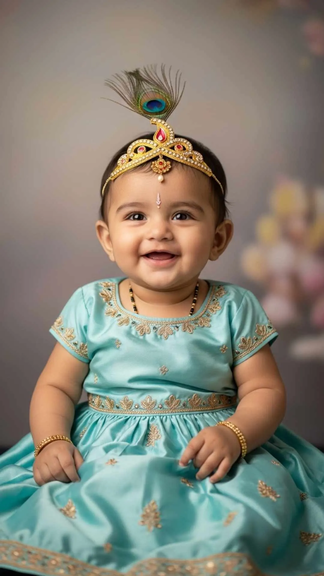 Adorable Indian baby girl dressed as little Radha-Krishna princess for WhatsApp DP.