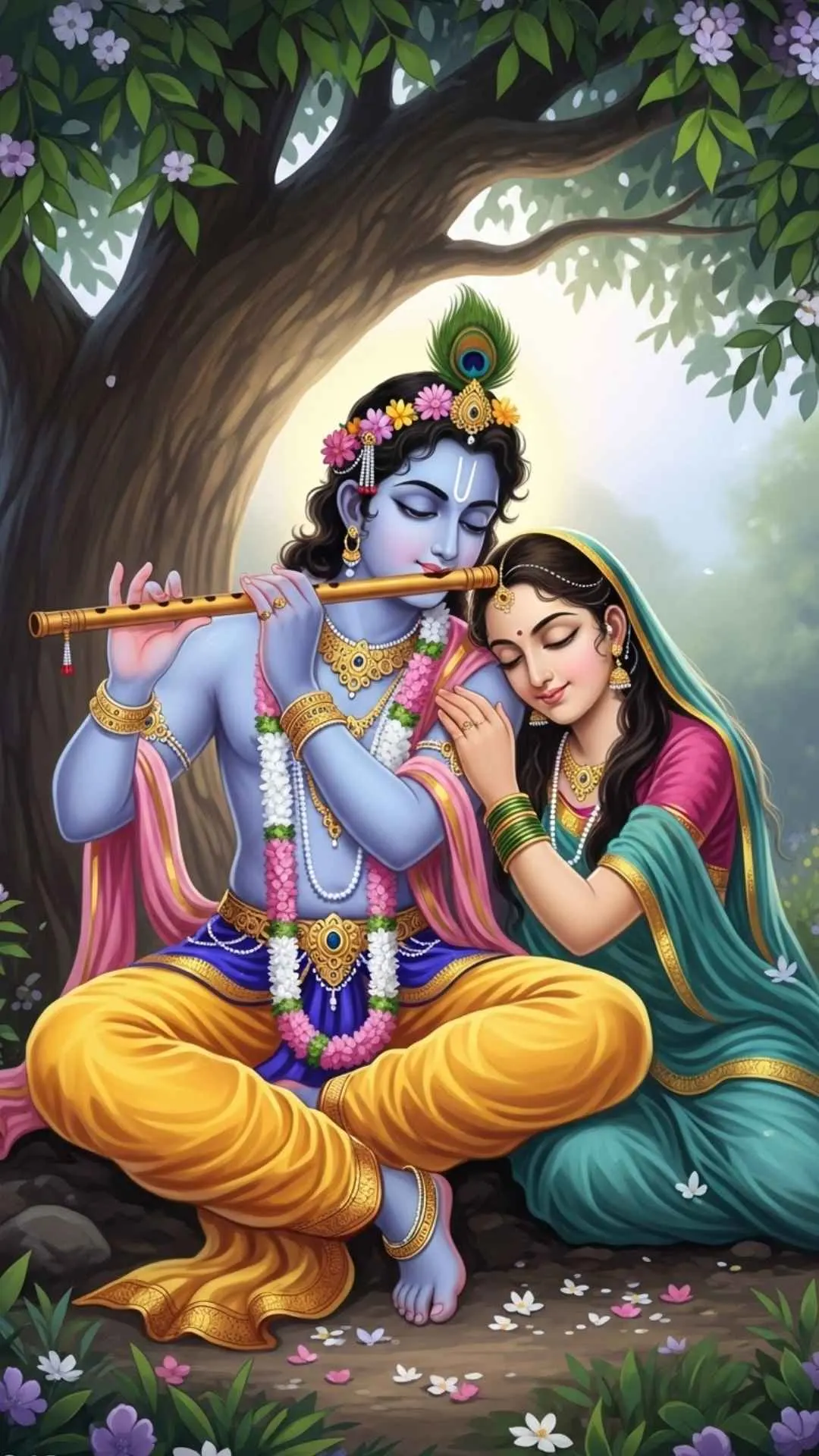 A romantic DP of Radha and Krishna, where Radha is mesmerized by Krishna's divine flute playing in Vrindavan, symbolizing a love connected by music. #RadhaKrishna #KrishnaFlute #Bansuri #DivineLove #Vrindavan