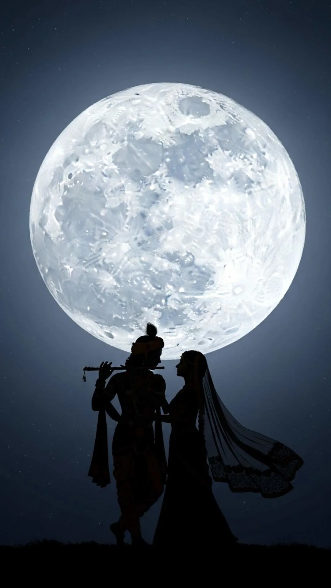 A beautiful silhouette DP of Radha and Krishna against a full moon, symbolizing their eternal and mystical love. #RadhaKrishnaSilhouette #MoonlightLovers #EternalLove #RomanticNight #ArtisticDP