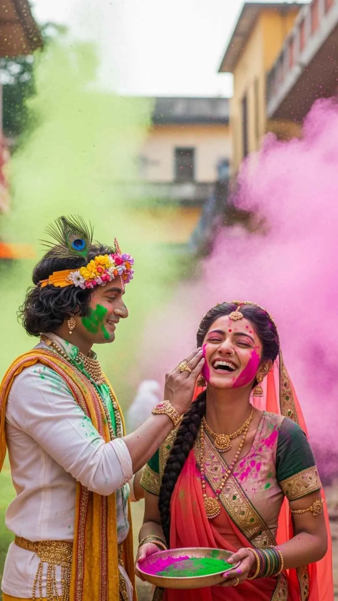 A joyful DP of Radha and Krishna celebrating the festival of Holi, playfully applying colors to each other's faces. #RadhaKrishnaHoli #FestivalOfColors #PlayfulLove #HoliDP #Joyful