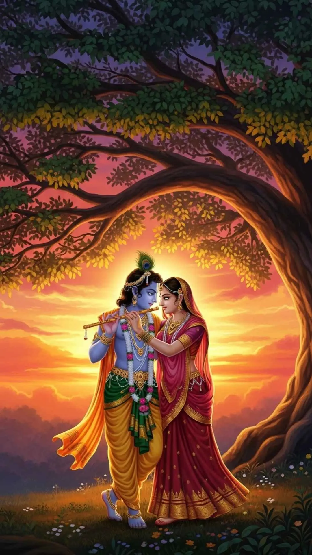 Radha Krishna love DP, romantic sunset scene under a Kadamba tree, devotional art for WhatsApp profile, vibrant colors.