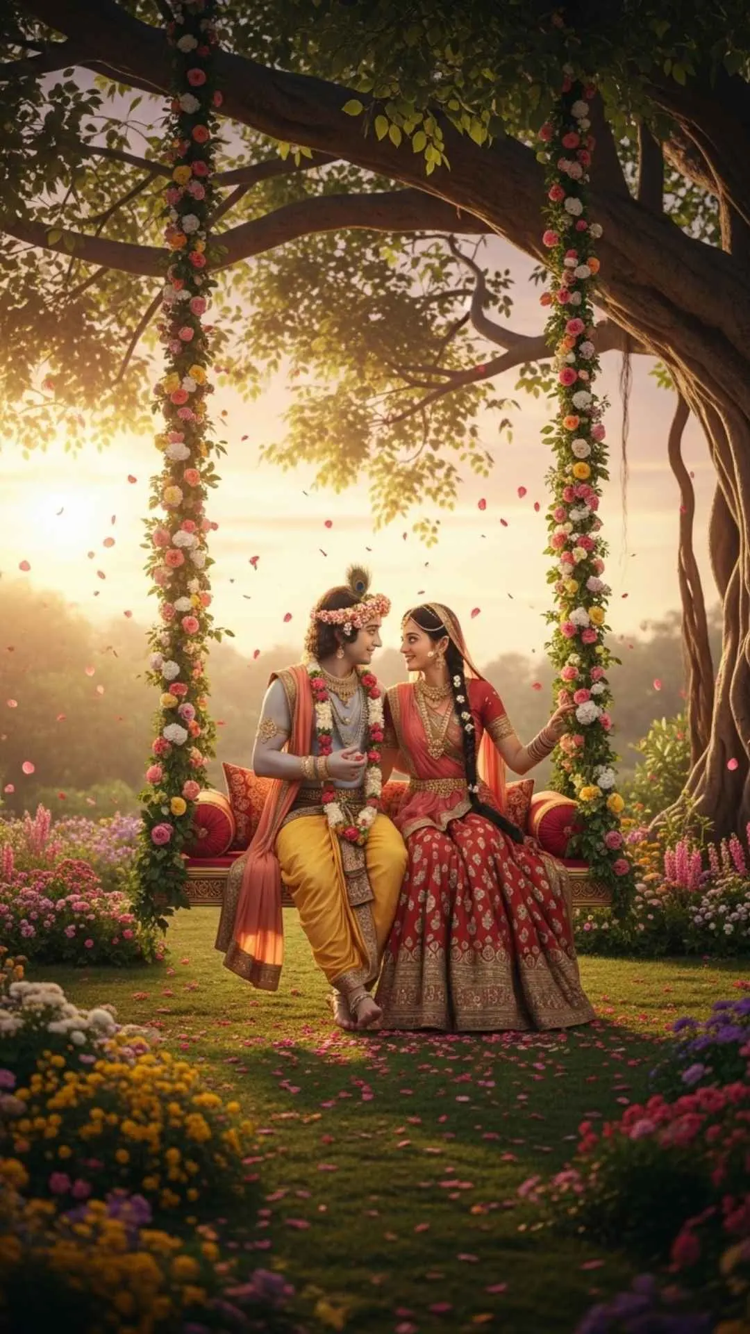 A playful and romantic DP of Radha and Krishna on a floral swing (Jhula), a symbol of their carefree divine love and togetherness. #JhulaLeela #RadhaKrishnaLove #RomanticDP #SwingOfLove #Playful