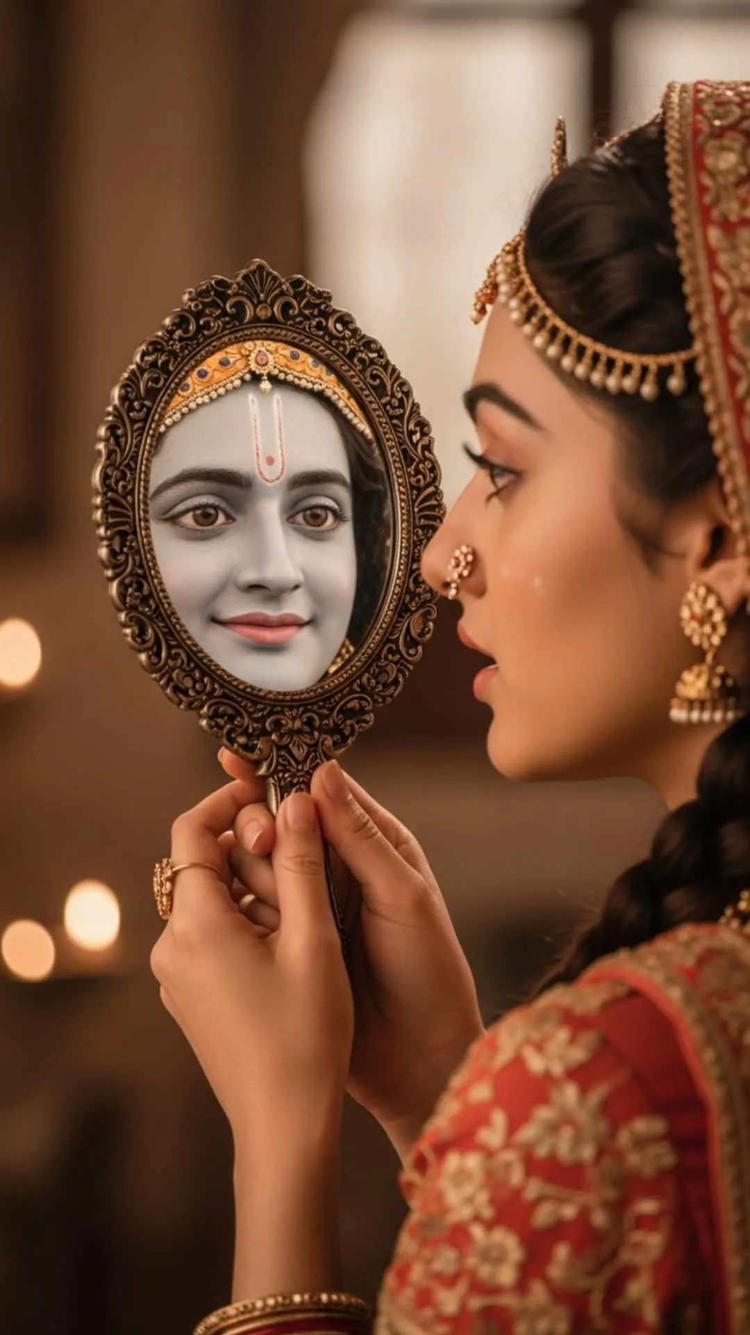 A symbolic DP showing Radha seeing Krishna's reflection instead of her own, representing their spiritual oneness and eternal love. #RadhaKrishnaOneness #DivineLove #Soulmates #SpiritualReflection #EternalLove
