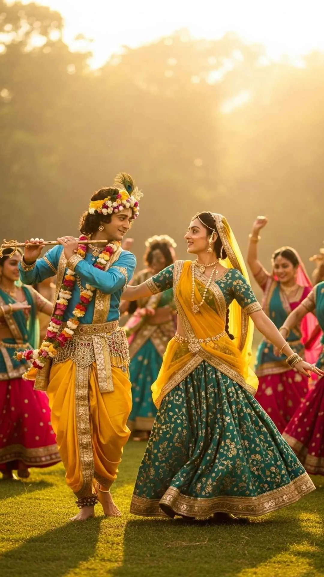 A vibrant DP showing Radha and Krishna as the heart of the divine Raas Leela dance, a celebration of spiritual love and joy. #RaasLeela #RadhaKrishnaDance #DivineDance #Celebration #SpiritualLove
