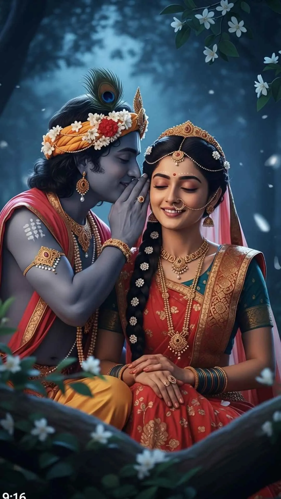 An intimate DP of Krishna whispering secrets to a smiling Radha in a moonlit grove, a sweet and private moment of love. #RadhaKrishnaSecrets #IntimateLove #SweetMoments #WhispersOfLove #RomanticDP