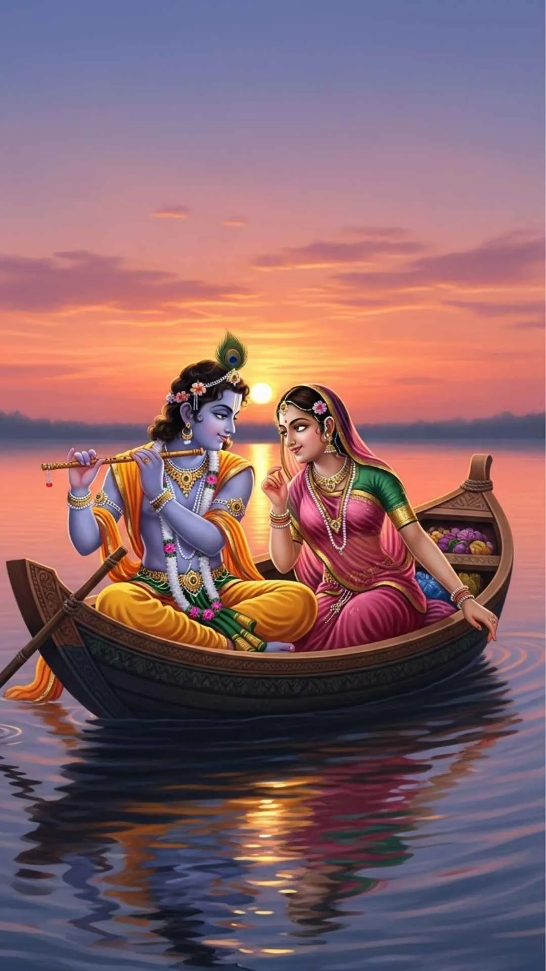 A serene DP of Radha and Krishna enjoying a romantic boat ride on the Yamuna river at sunset, a moment of peaceful intimacy. #RadhaKrishna #YamunaRiver #SunsetRomance #BoatRide #PeacefulLove