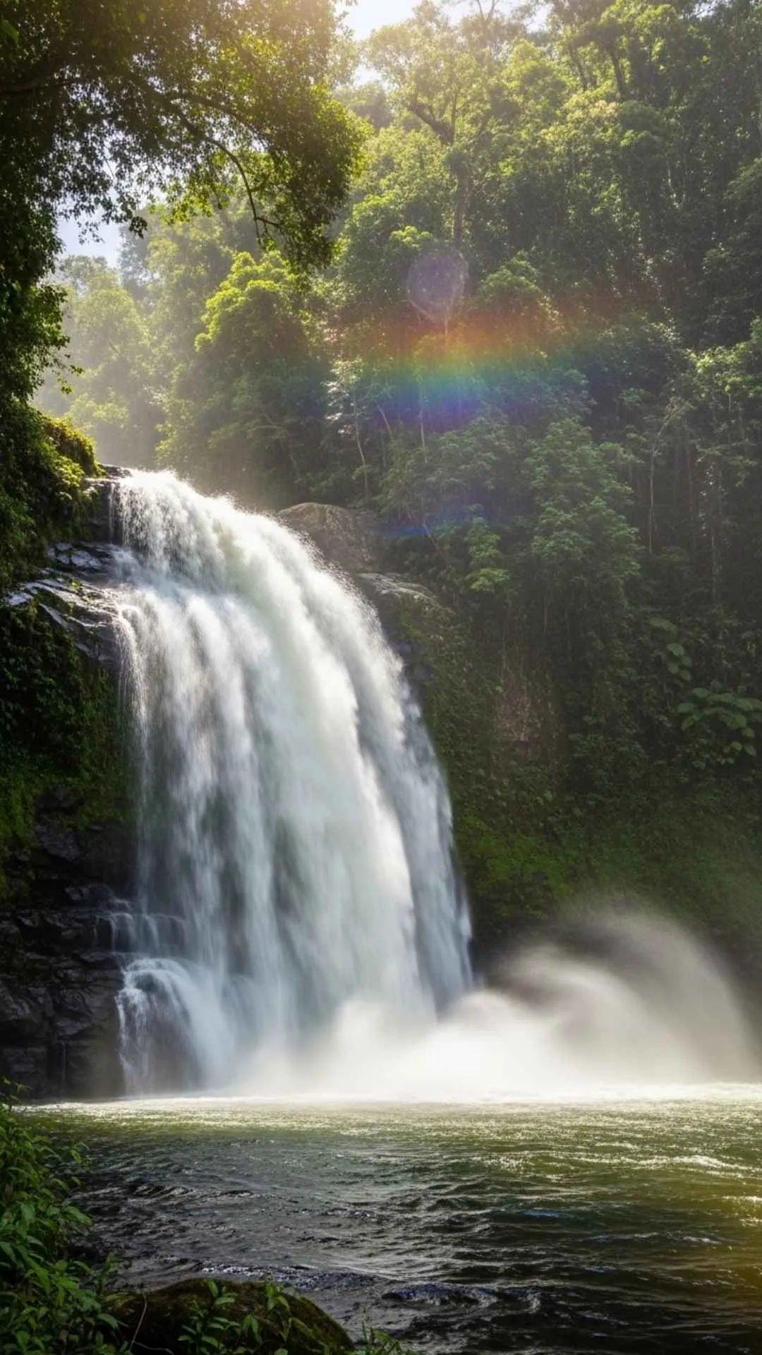 Lush rainforest waterfall DP for WhatsApp, with clear cascading water, dense green foliage, and a subtle rainbow. Beautiful waterfall nature image.