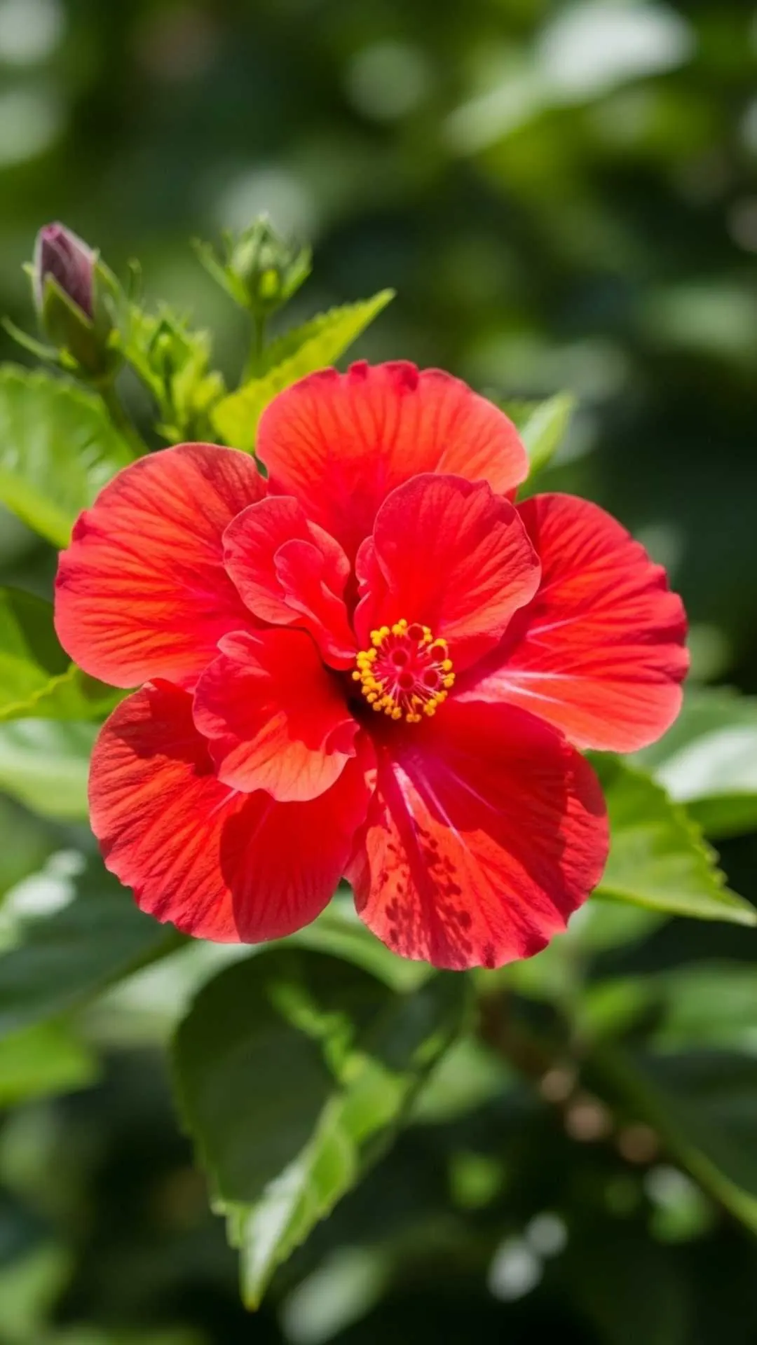Vivid red Hibiscus flower DP for WhatsApp, in sharp focus with a soft green background. Beautiful flower nature profile pic.