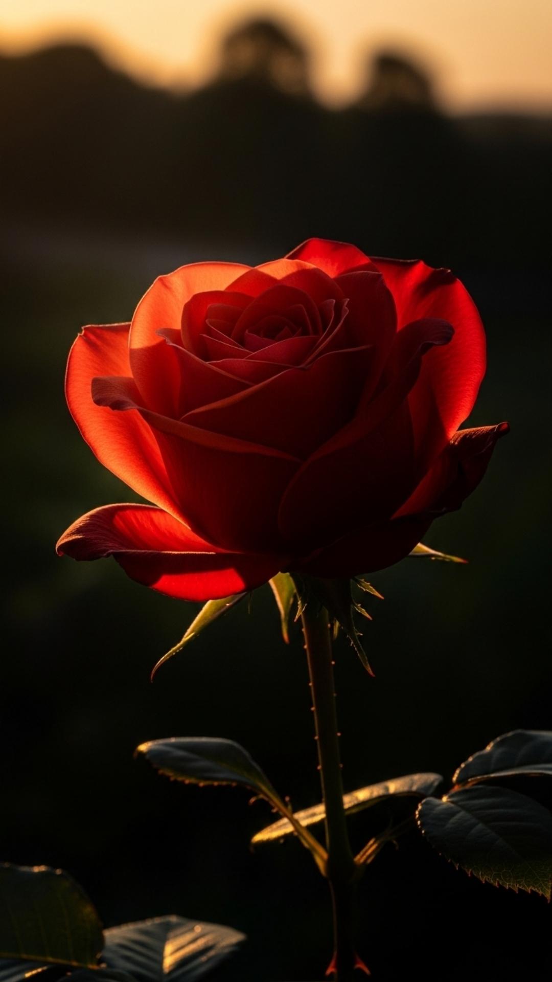 Dramatic red rose in contrasting sunrise light and deep shadow, romantic and powerful mood