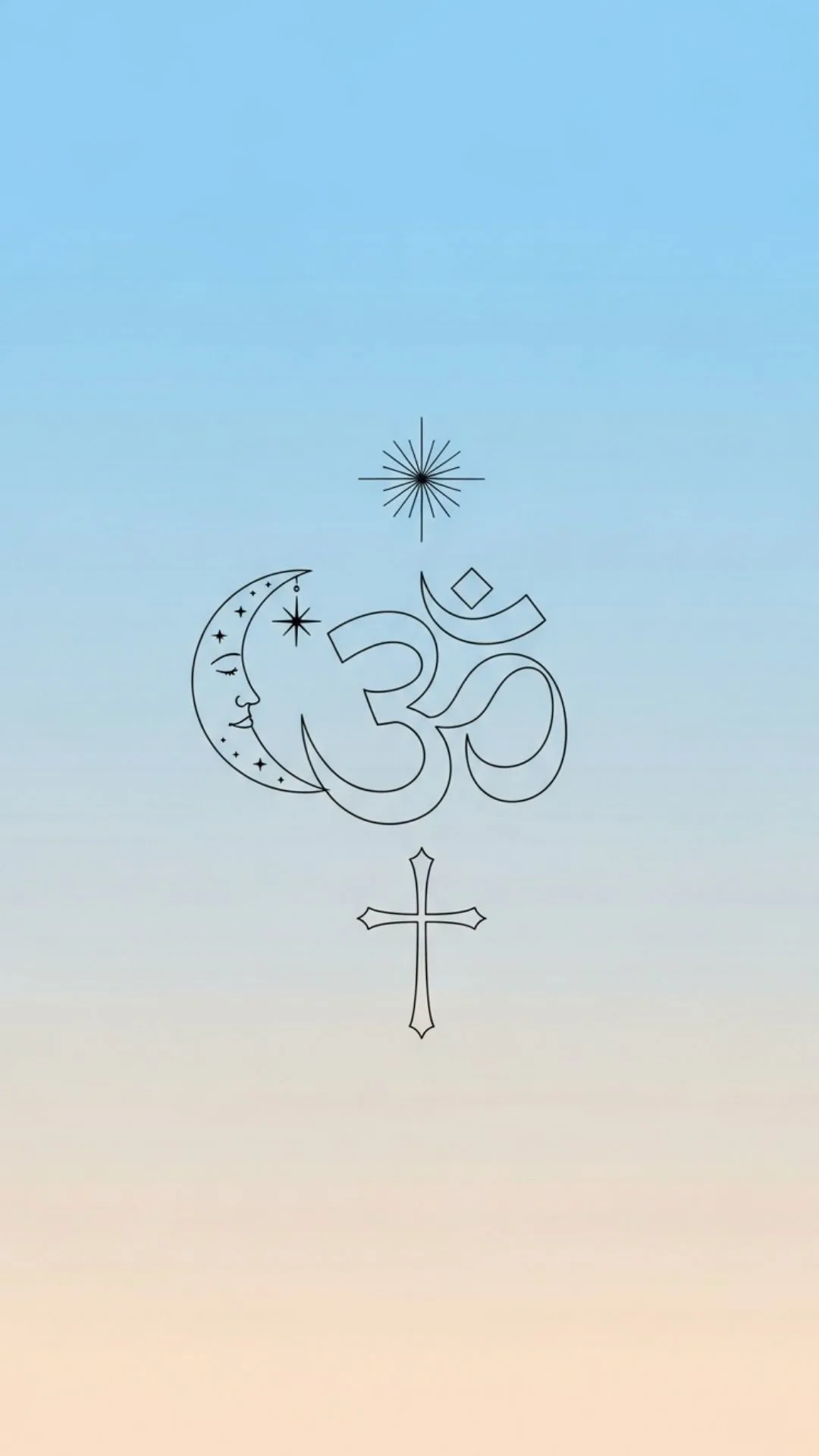A harmonious blend of Indian religious symbols (Om, crescent, cross) on a serene gradient background, ideal spiritual Instagram DP and unity profile picture.
