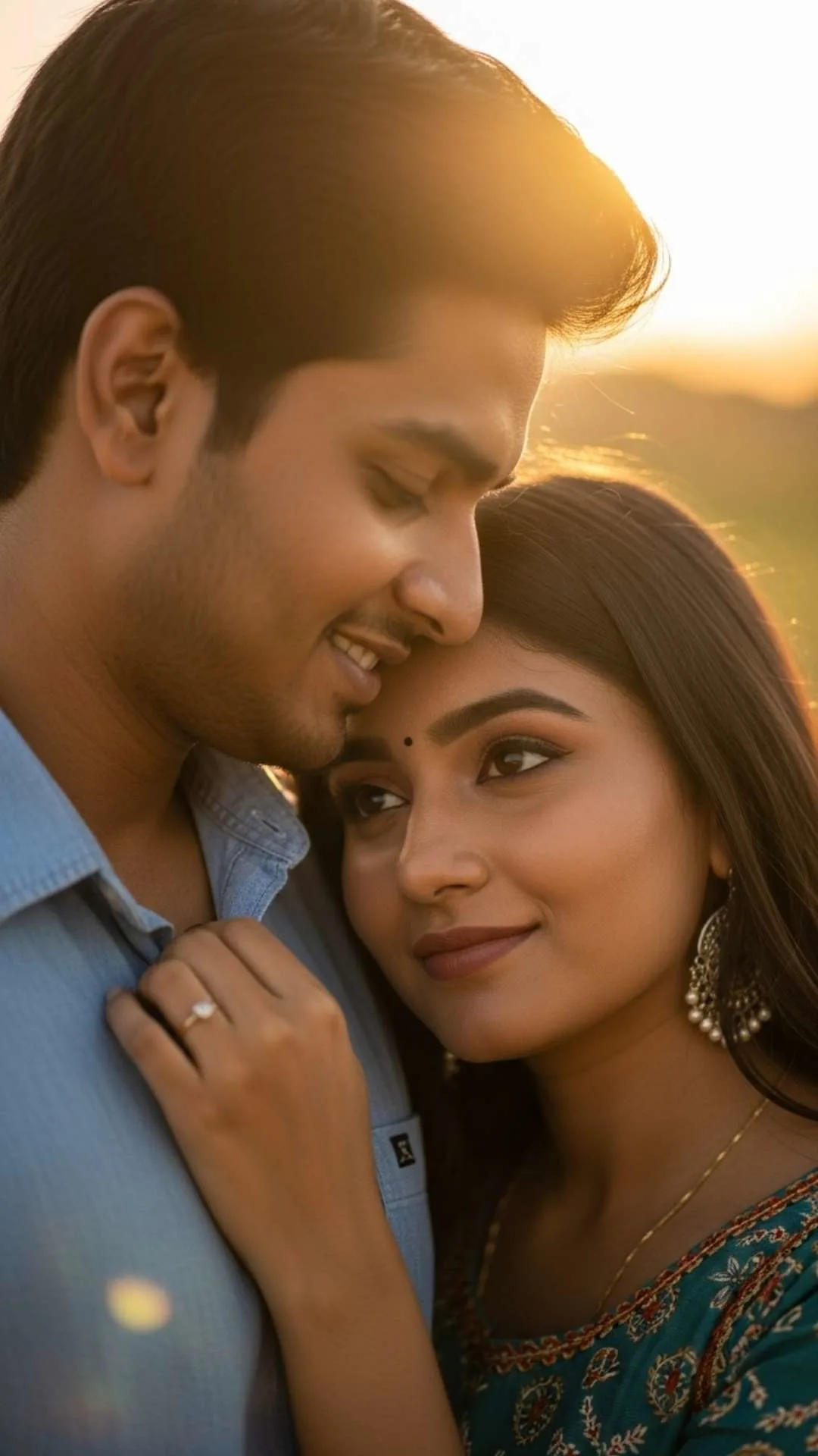 Romantic aesthetic Instagram DP for couples, Indian couple embrace golden hour, soft light love profile picture, serene couple moment.