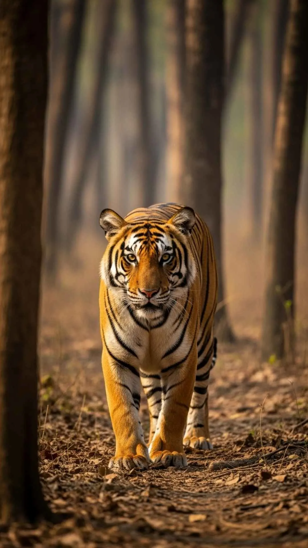 A majestic Royal Bengal Tiger walking peacefully in an Indian forest. A powerful and life-loving DP for WhatsApp, symbolizing strength and natural beauty.