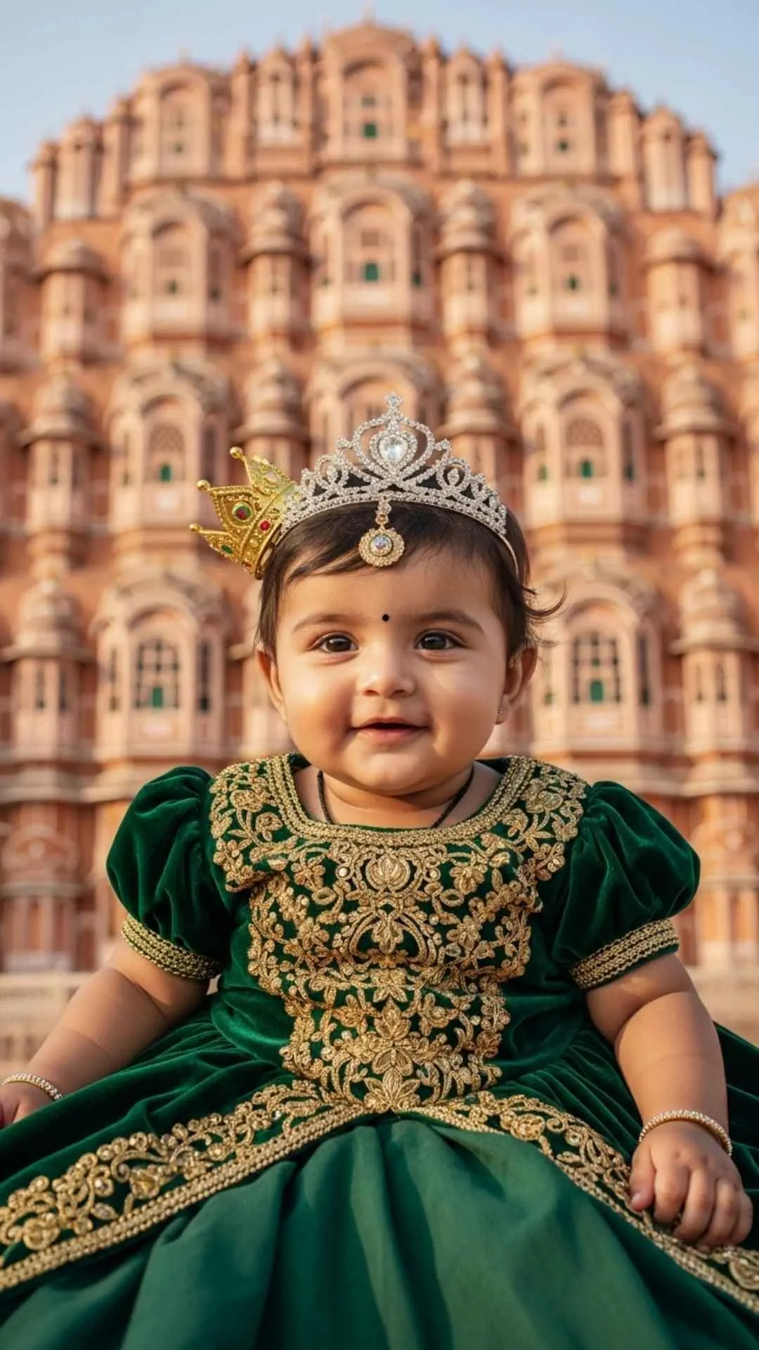 Regal baby princess photo with Indian royal palace background for WhatsApp DP.