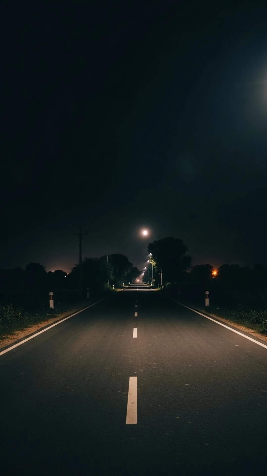 Atmospheric black WhatsApp DP showing a tranquil rural Indian road at night, evoking peace and nostalgia.