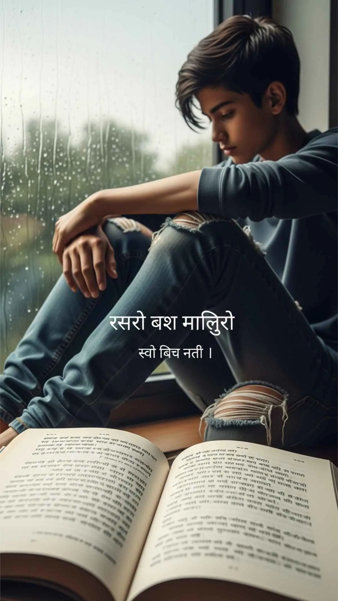 A boy reading a book of shayari by a rainy window, a thoughtful and lonely DP for download.