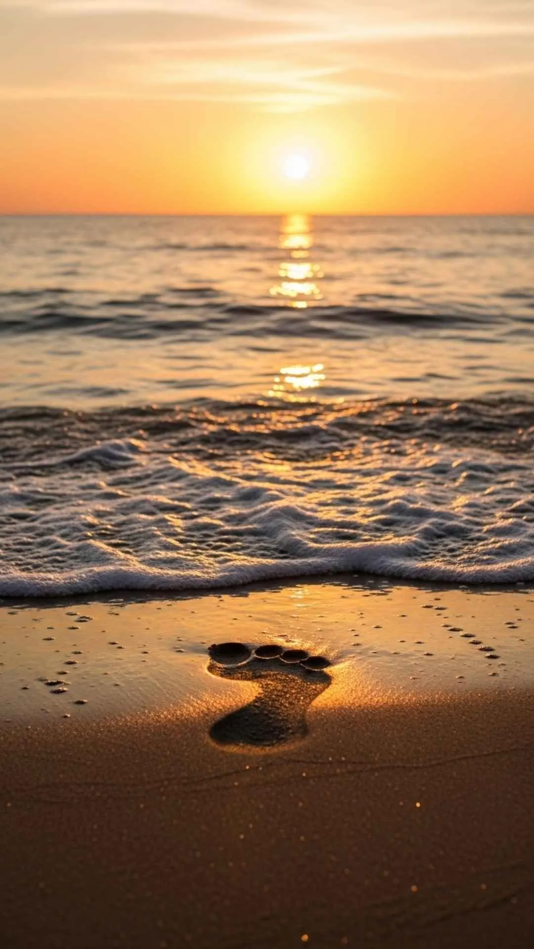 A single footprint being washed away by the sea, a sad DP about love and loss.