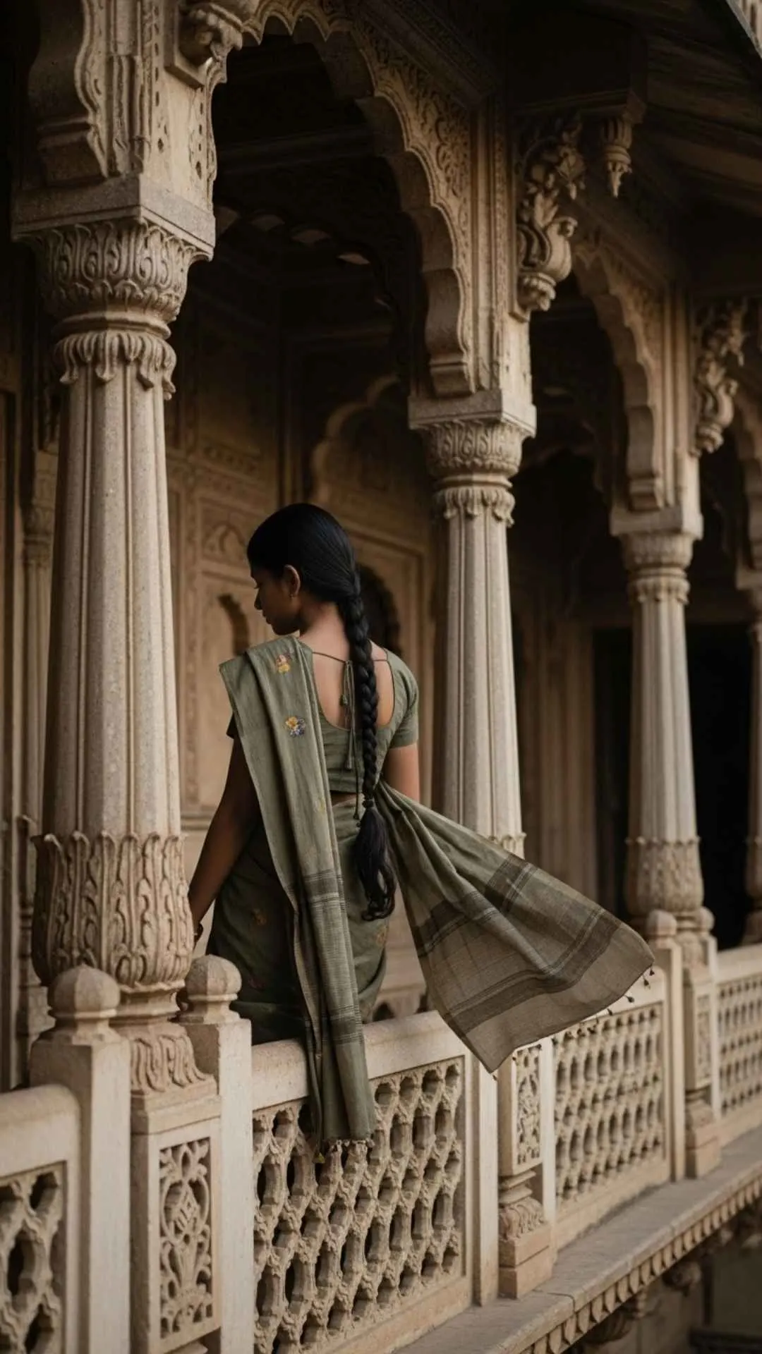 A lonely Indian girl in a saree on a vintage balcony, a beautiful and sad profile picture