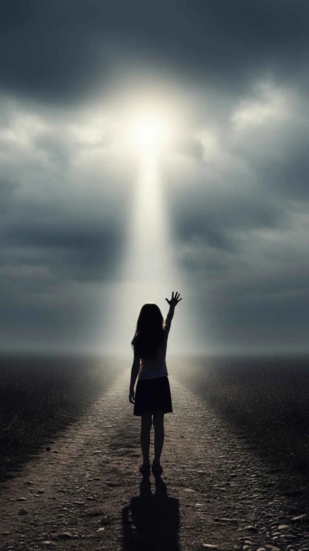 Lonely girl silhouette FB DP, hopeful sad profile pic, girl reaching for light, path forward avatar.